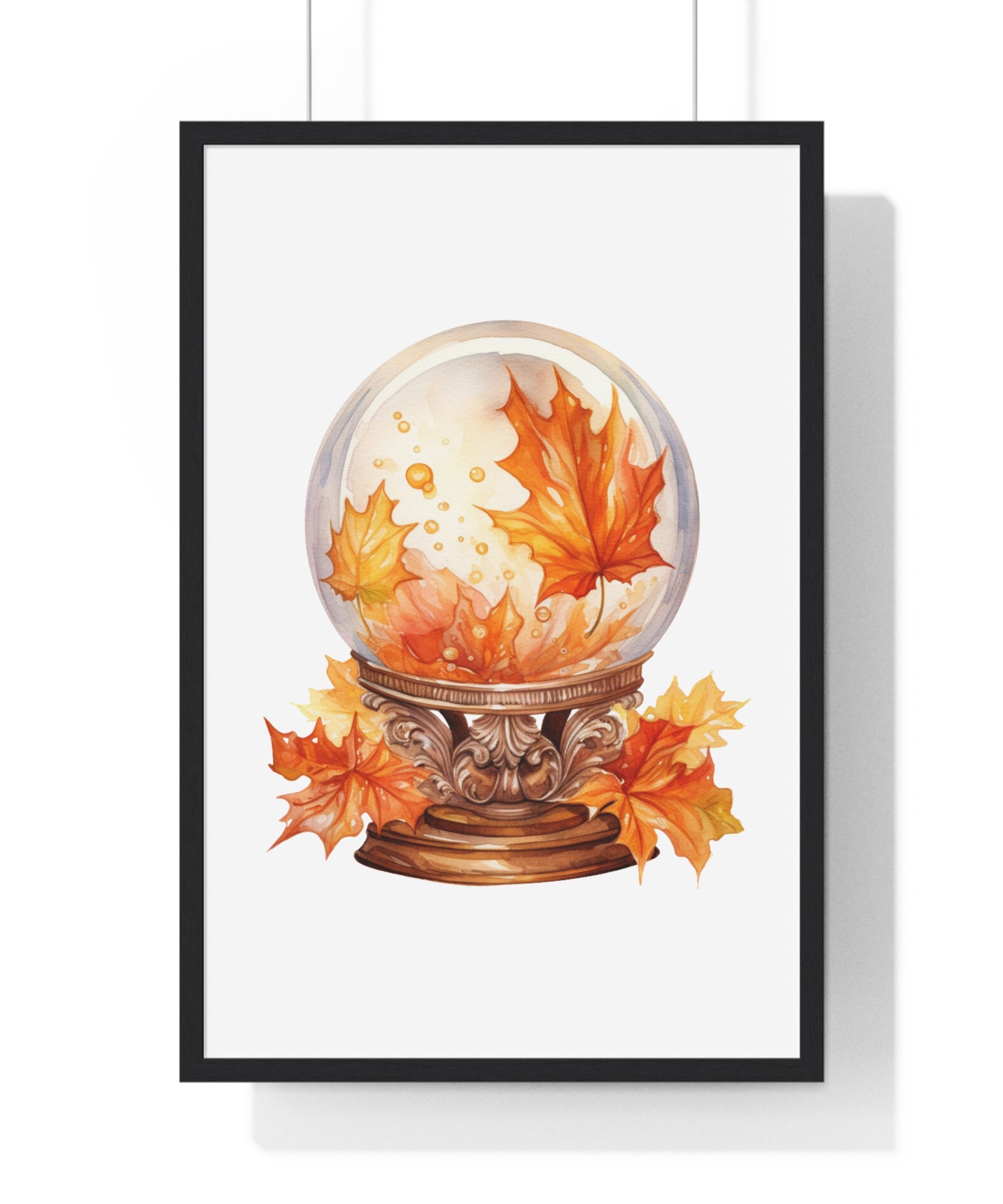 Floating Leaves Snow Globe Wall Art – Ornate Autumn Fantasy Poster | Wooden Frame Seasonal Home Decor
