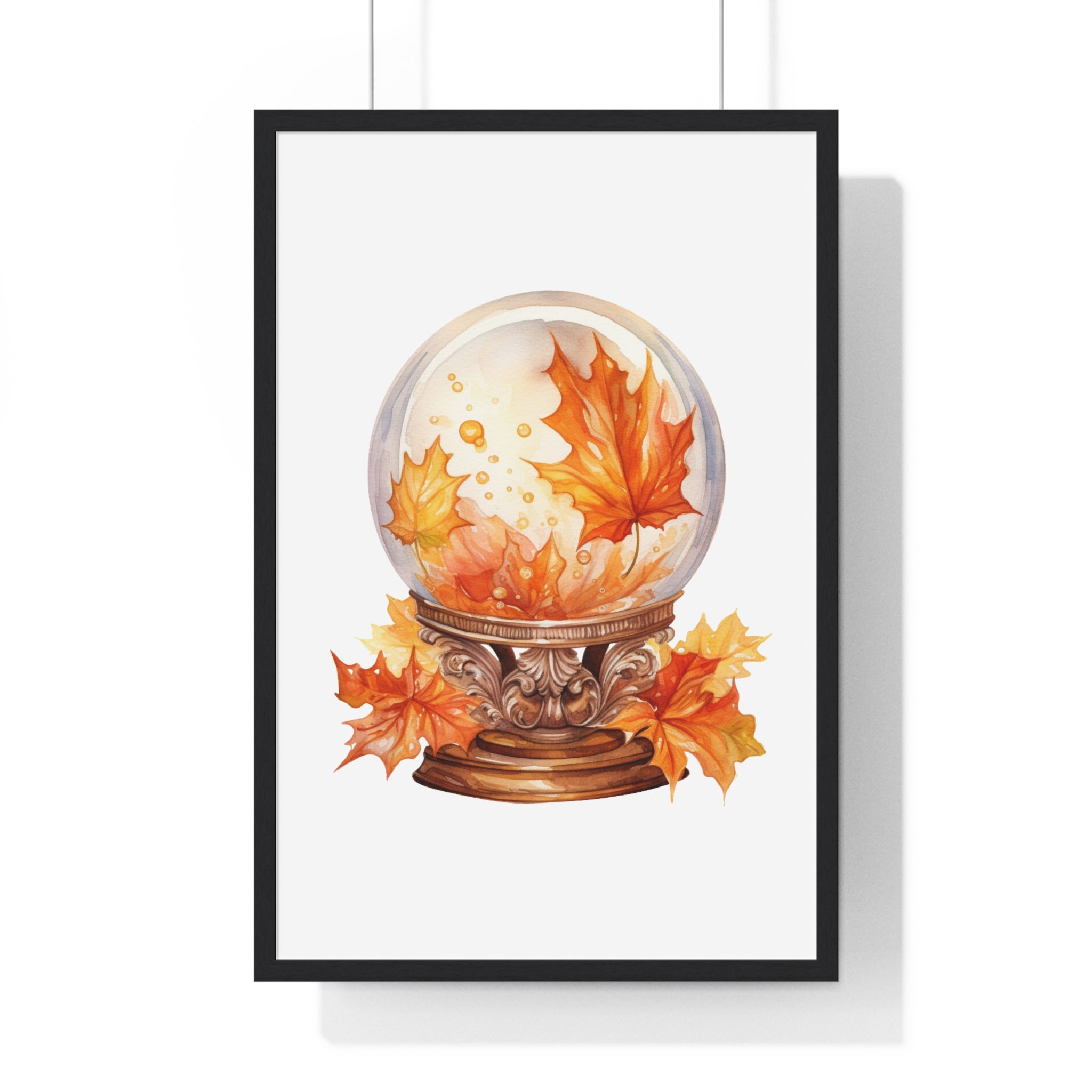 Floating Leaves Snow Globe Wall Art – Ornate Autumn Fantasy Poster | Wooden Frame Seasonal Home Decor