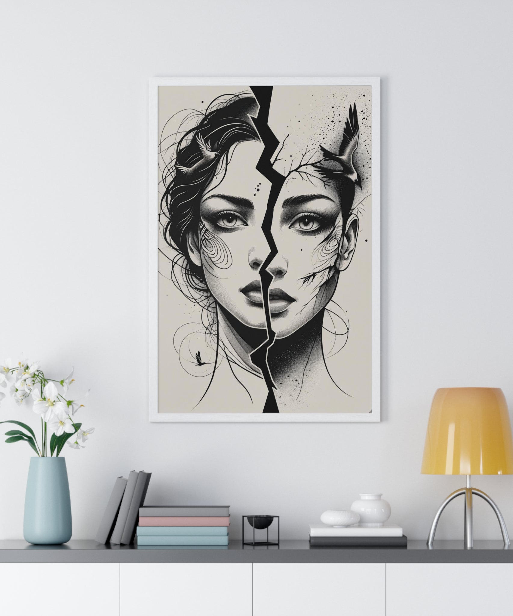 Vertical Framed Poster, Women Split Face Home Decor Art Modern Wall Unique Gift Inspirational Artwork, Wall Hanging Art Print - Gallory Hive