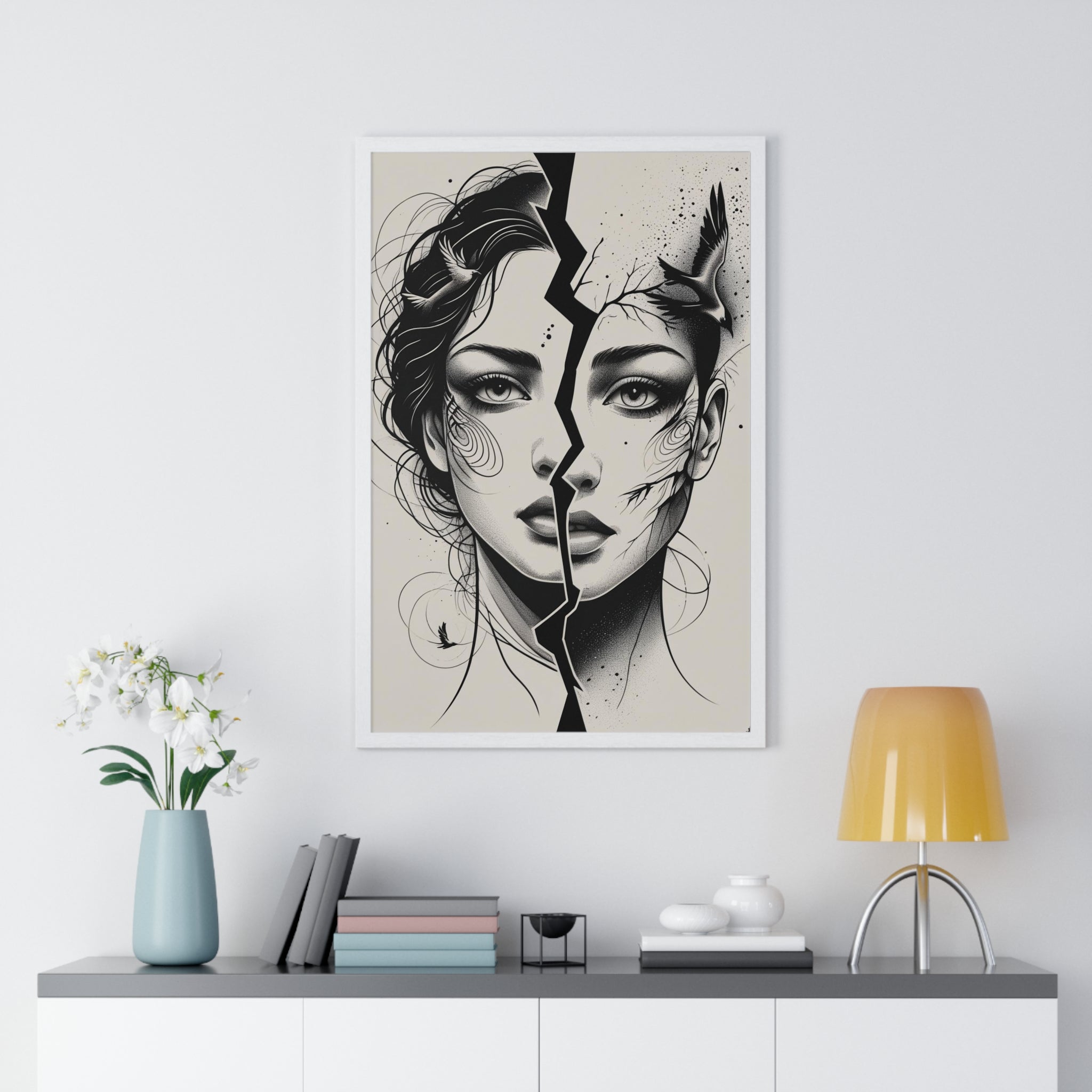 Vertical Framed Poster, Women Split Face Home Decor Art Modern Wall Unique Gift Inspirational Artwork, Wall Hanging Art Print