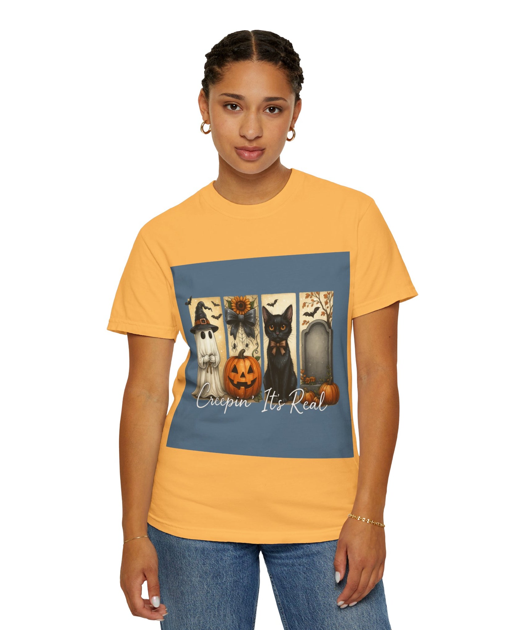 Creepin’ It’s Real Halloween T-Shirt – Cute Ghost, Pumpkin, Black Cat & Tombstone Design - Gallory Hive