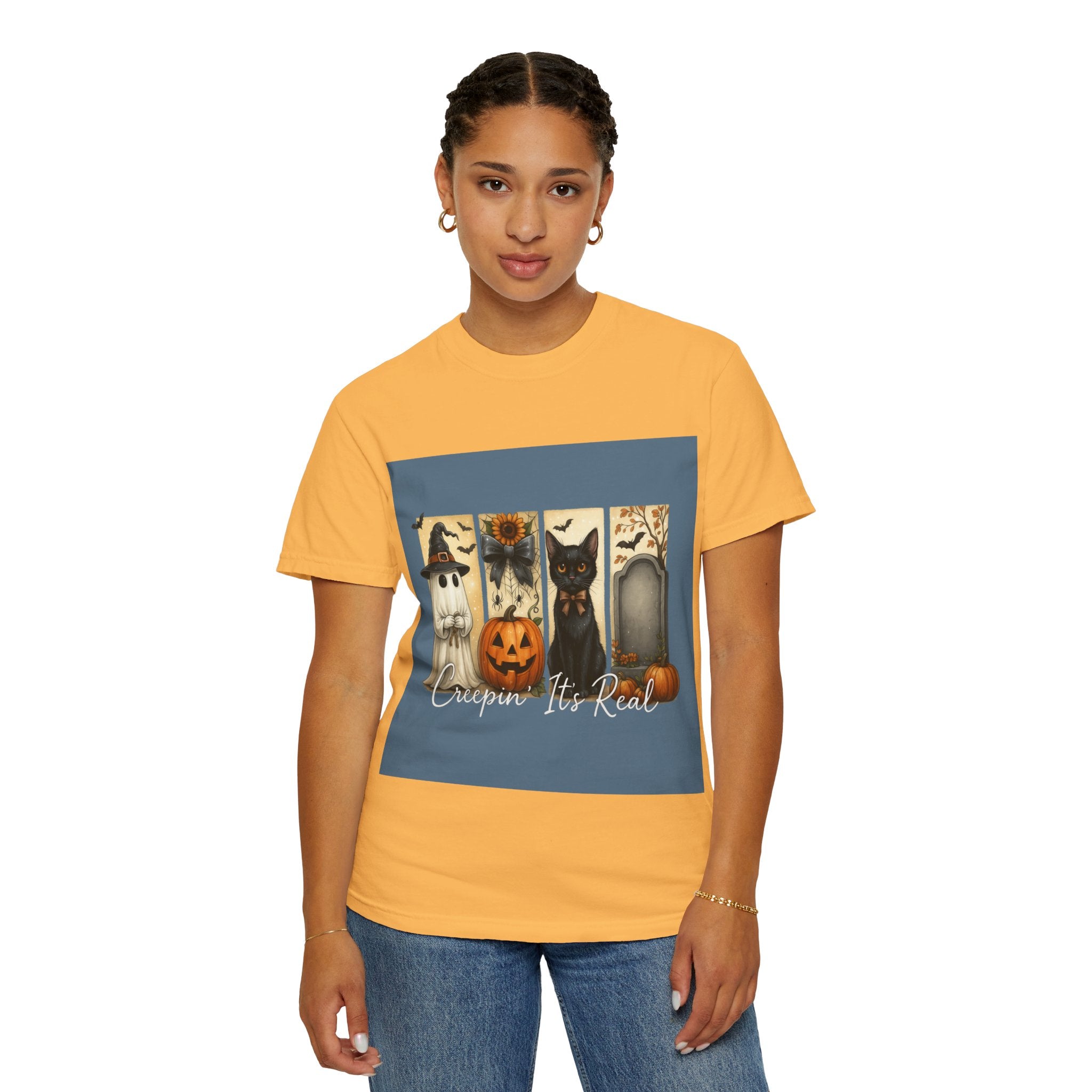 Creepin’ It’s Real Halloween T-Shirt – Cute Ghost, Pumpkin, Black Cat & Tombstone Design