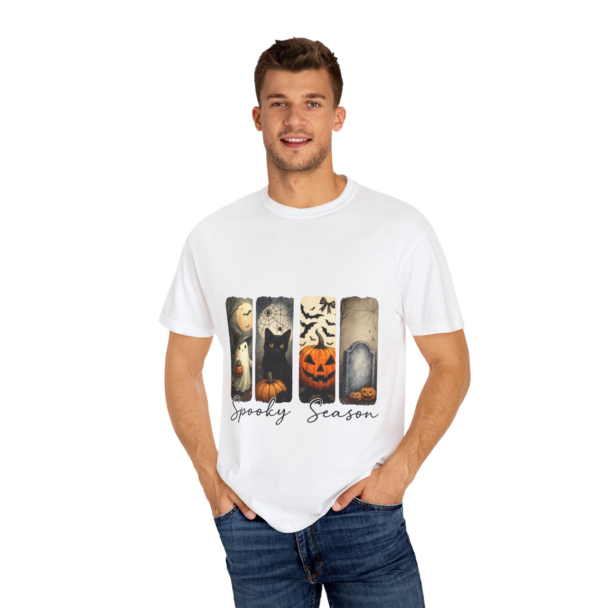 Halloween Night Unisex T-Shirt – Ghost, Black Cat, Pumpkin & Tombstone Vintage Art