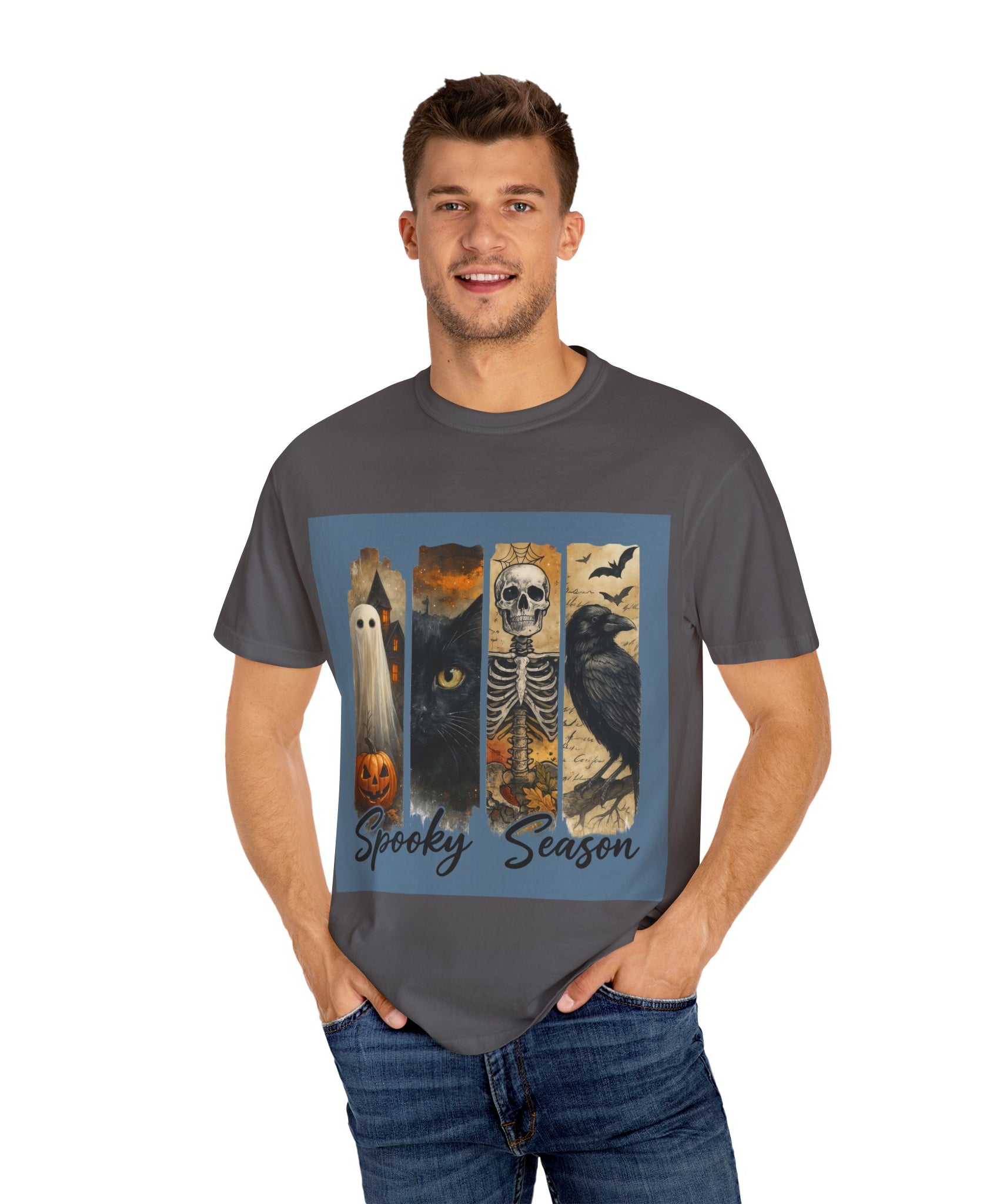 Spooky Season Gothic Halloween T-Shirt – Ghost, Black Cat, Skeleton & Raven Design - Gallory Hive