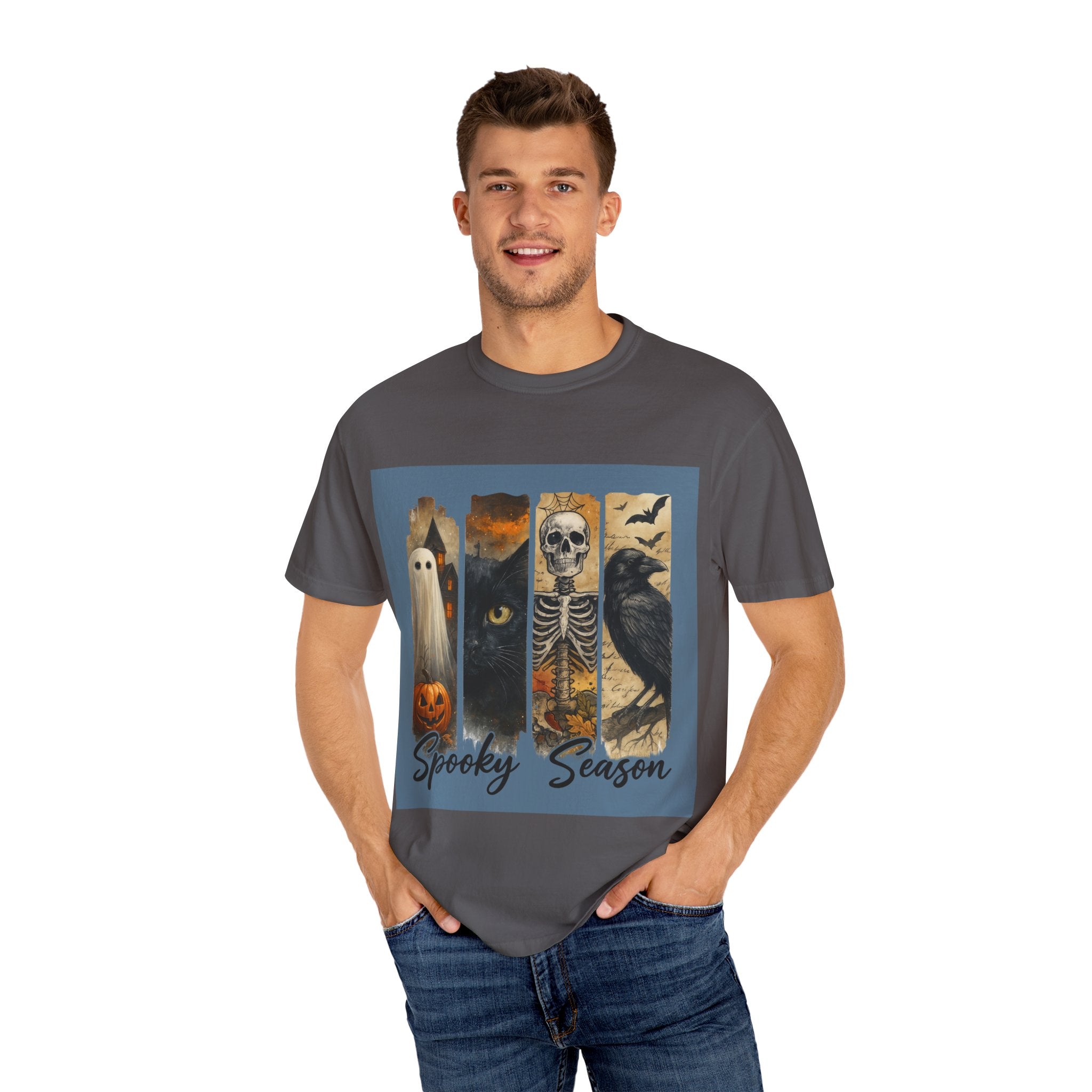 Spooky Season Gothic Halloween T-Shirt – Ghost, Black Cat, Skeleton & Raven Design