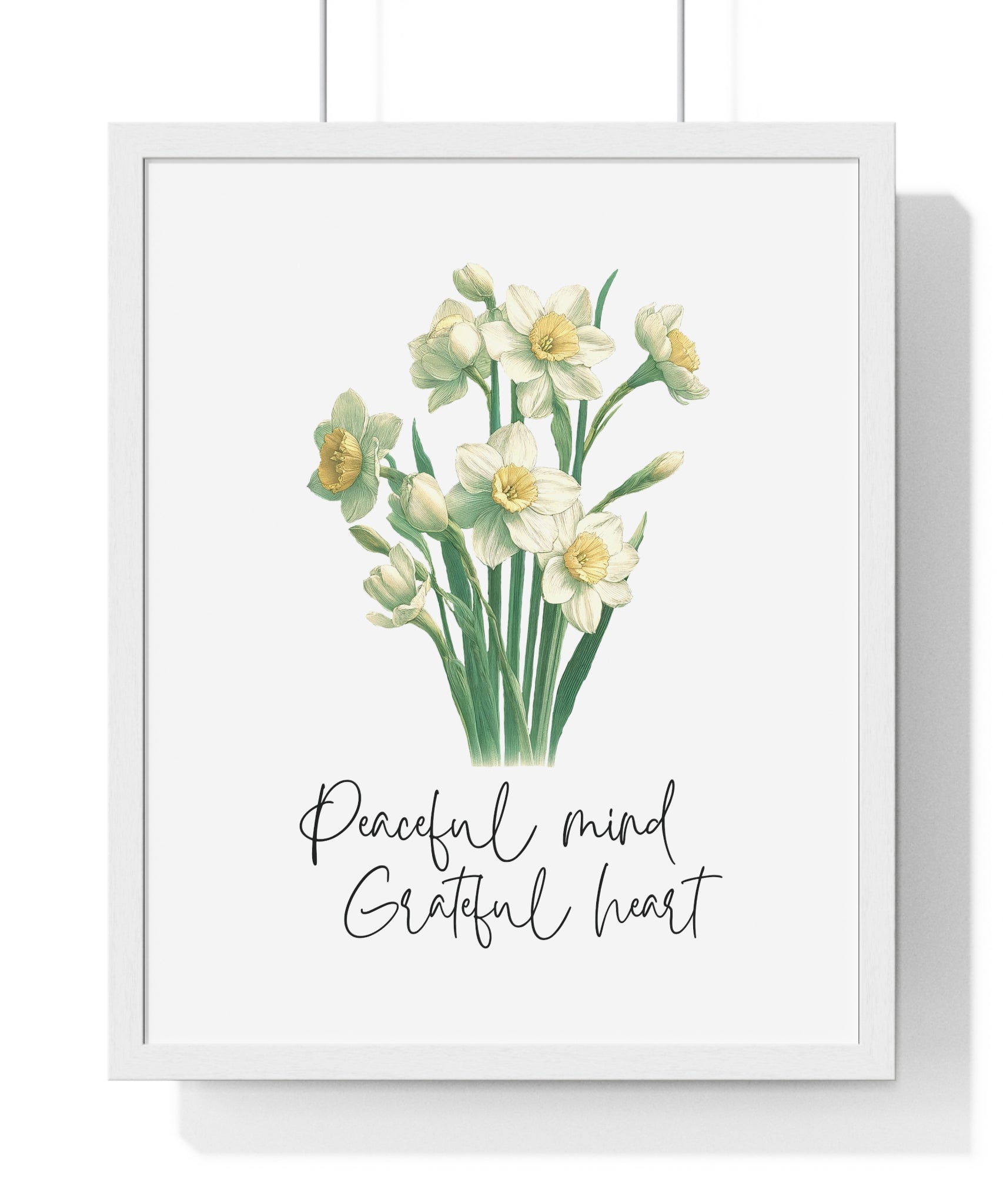 December Birth Month Flower Wall Art – Narcissus Illustration with Inspirational Quote in Wooden Frame | Peaceful Mind & Grateful Heart