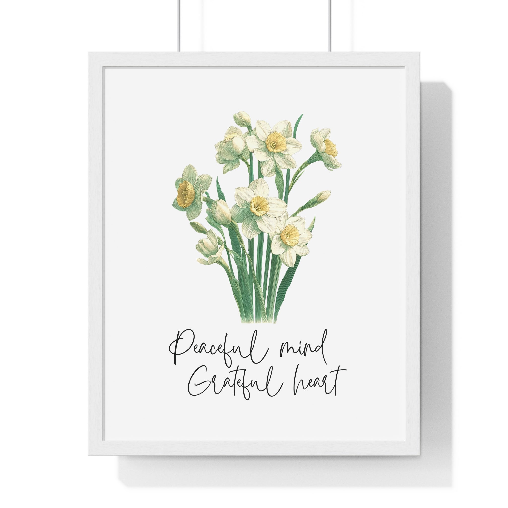 December Birth Month Flower Wall Art – Narcissus Illustration with Inspirational Quote in Wooden Frame | Peaceful Mind & Grateful Heart