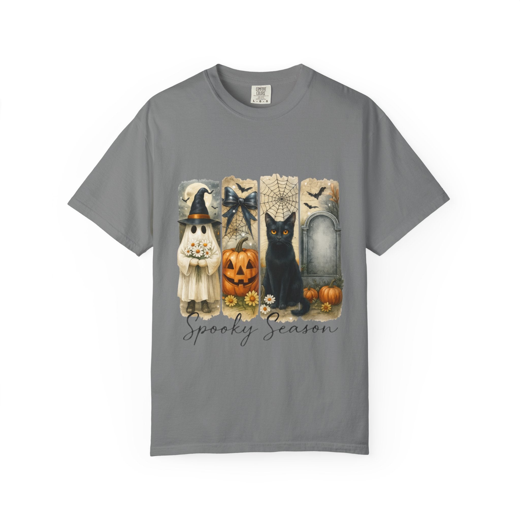 Spooky Season Halloween Unisex T-Shirt – Ghost, Black Cat & Pumpkin Design