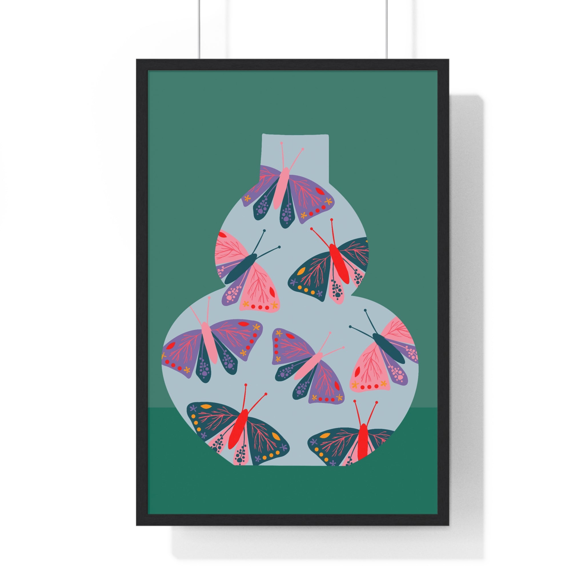 Vibrant Butterfly Pot Art on Pink Grid in Premium Wood Frame