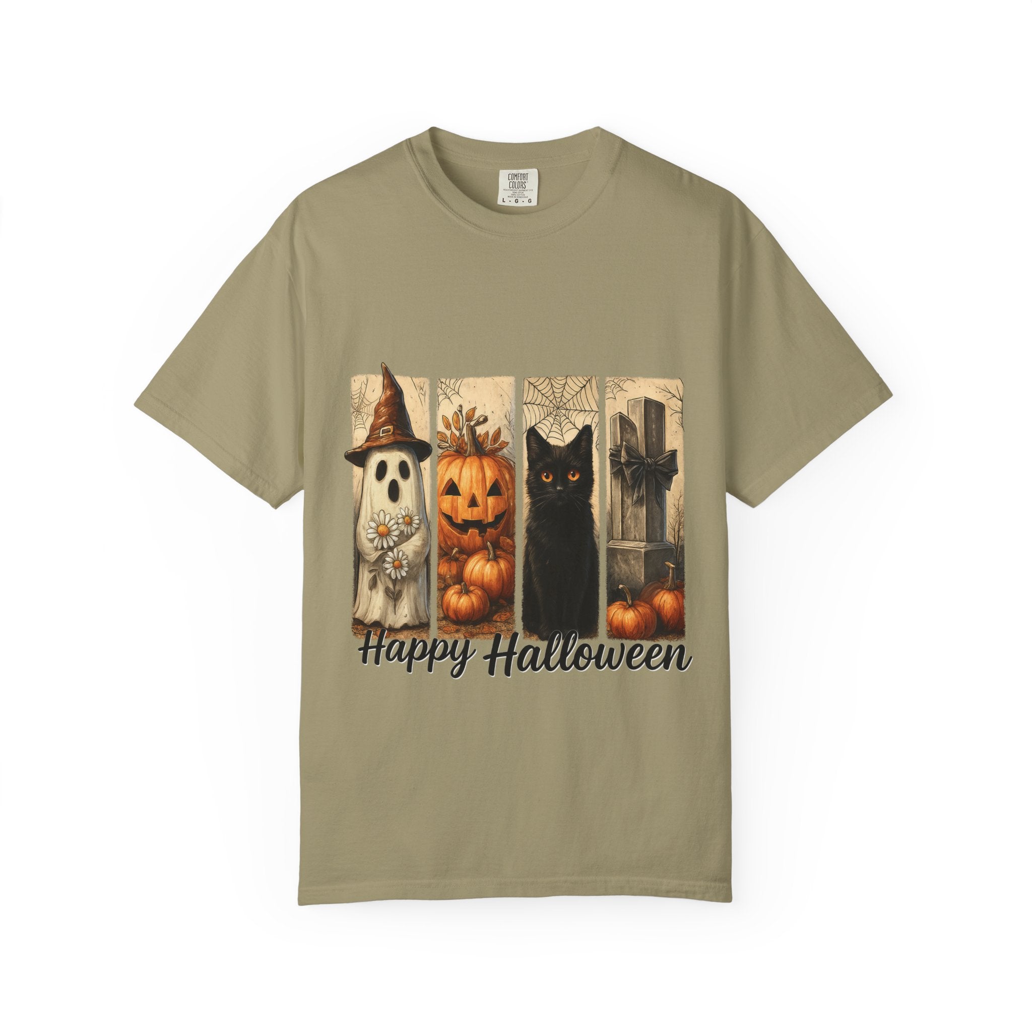 Happy Halloween Unisex T-Shirt – Ghost, Black Cat & Pumpkin Graphic Tee