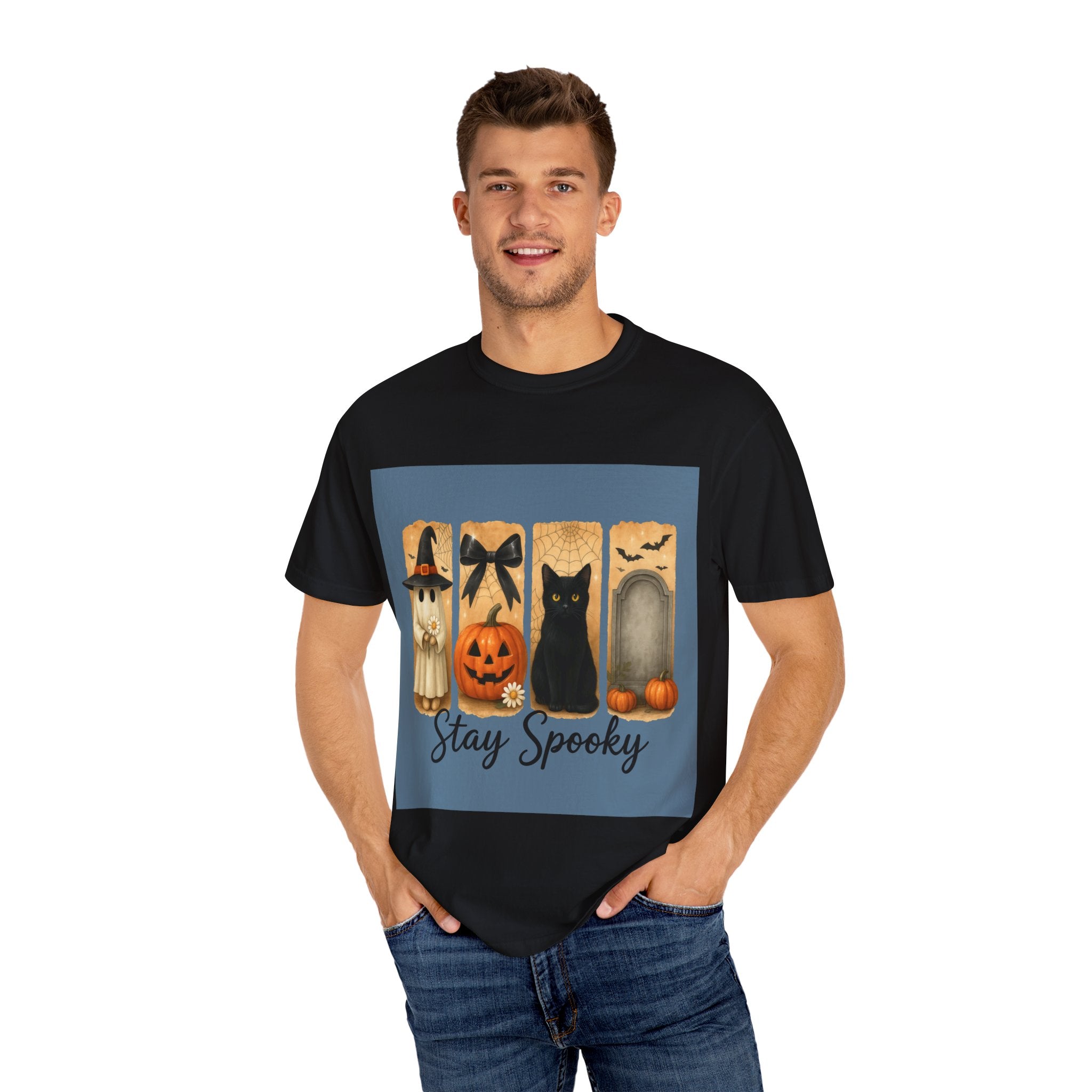 Cute Halloween T-Shirt – Ghost in Witch Hat, Pumpkin, Black Cat & Tombstone Design