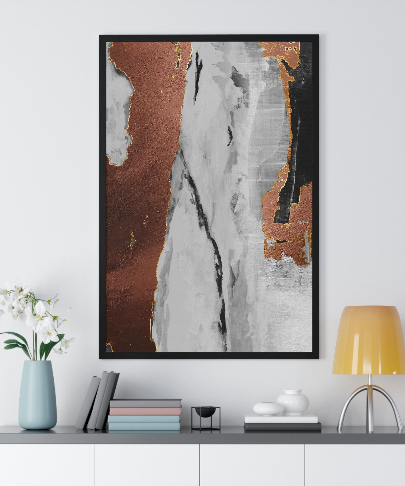 Luxury Abstract Wall Art Poster – Metallic Copper & Marble Texture on Wooden Frame – Modern Home Décor
