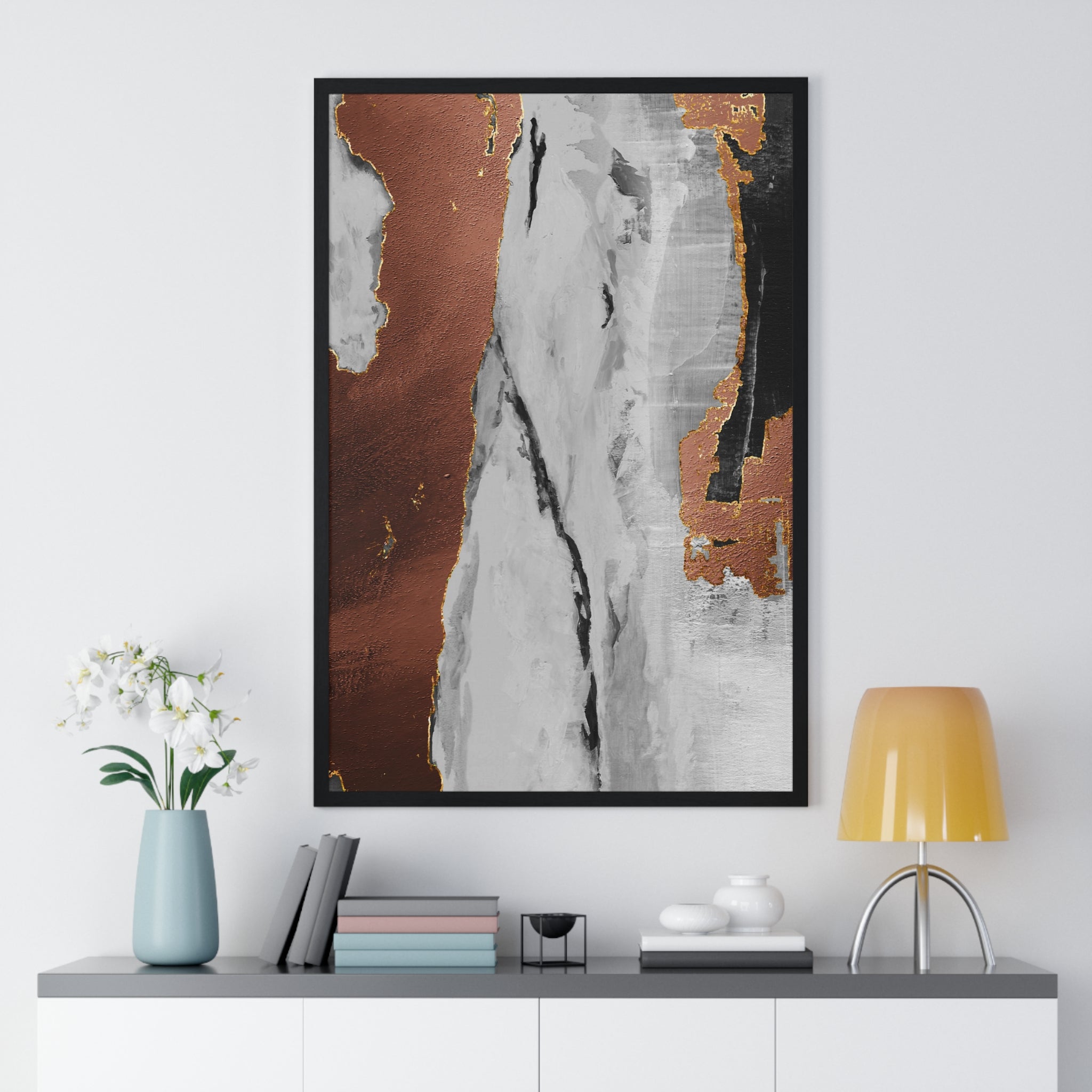 Luxury Abstract Wall Art Poster – Metallic Copper & Marble Texture on Wooden Frame – Modern Home Décor