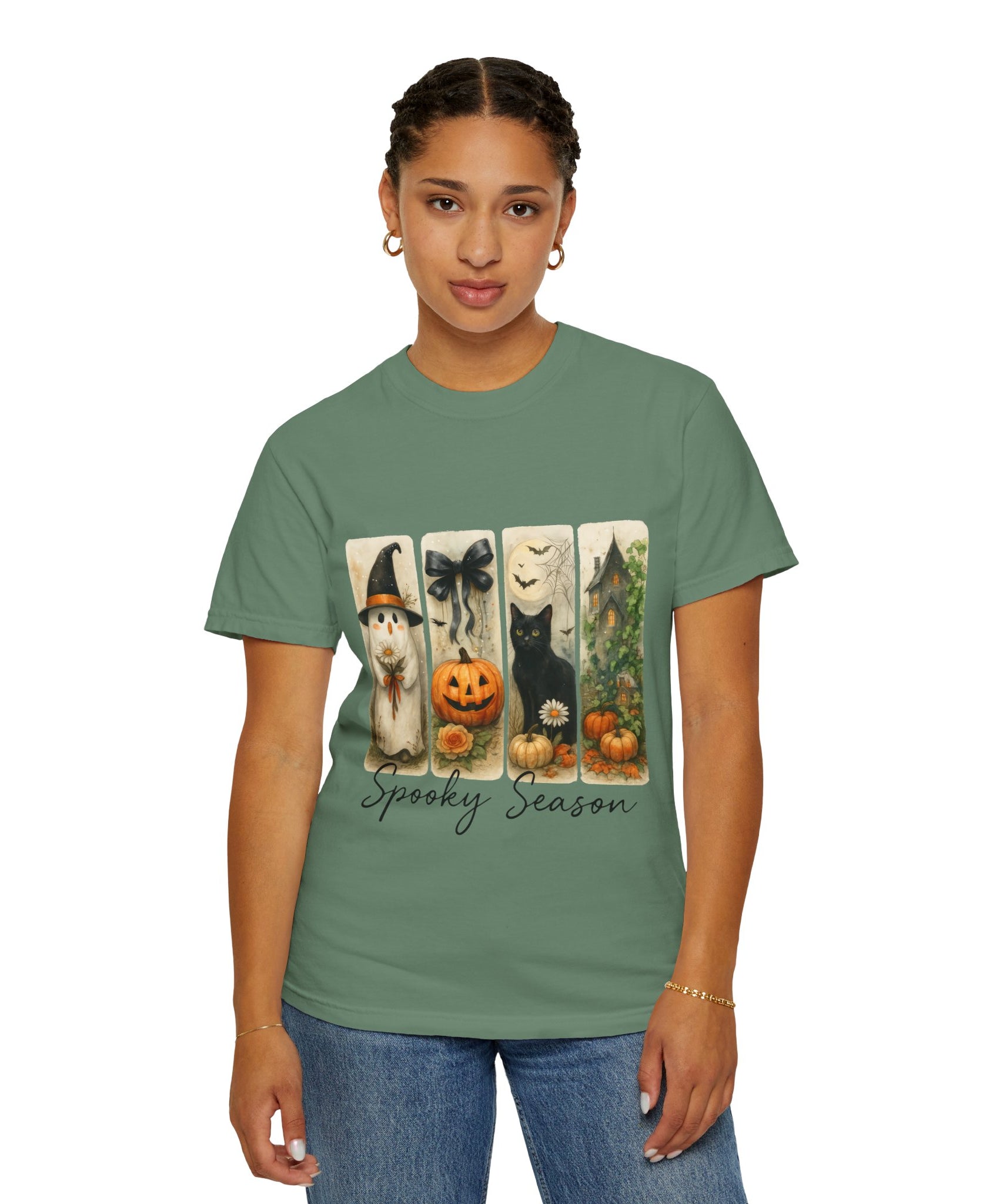 Vintage Halloween Unisex T-Shirt – Cute Ghost, Black Cat, Pumpkin & Haunted House Art - Gallory Hive
