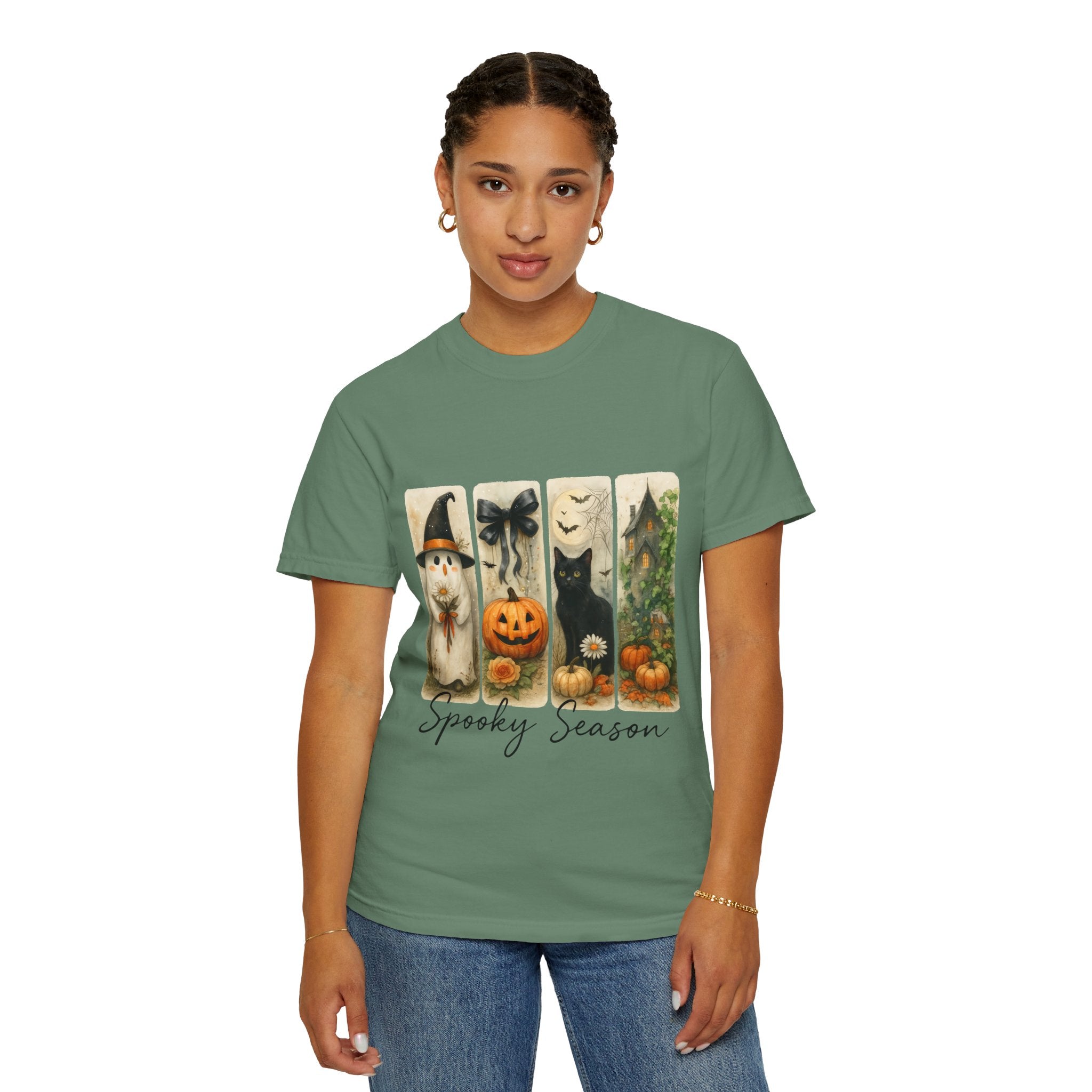 Vintage Halloween Unisex T-Shirt – Cute Ghost, Black Cat, Pumpkin & Haunted House Art