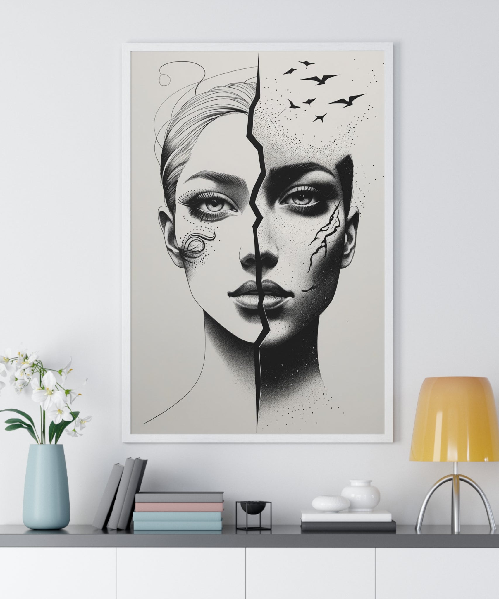 Vertical Framed Poster, Artistic Split Face Poster, Abstract Wall Art, Modern Home Decor, Unique Gift for Art Lovers, Stylish Room - Gallory Hive