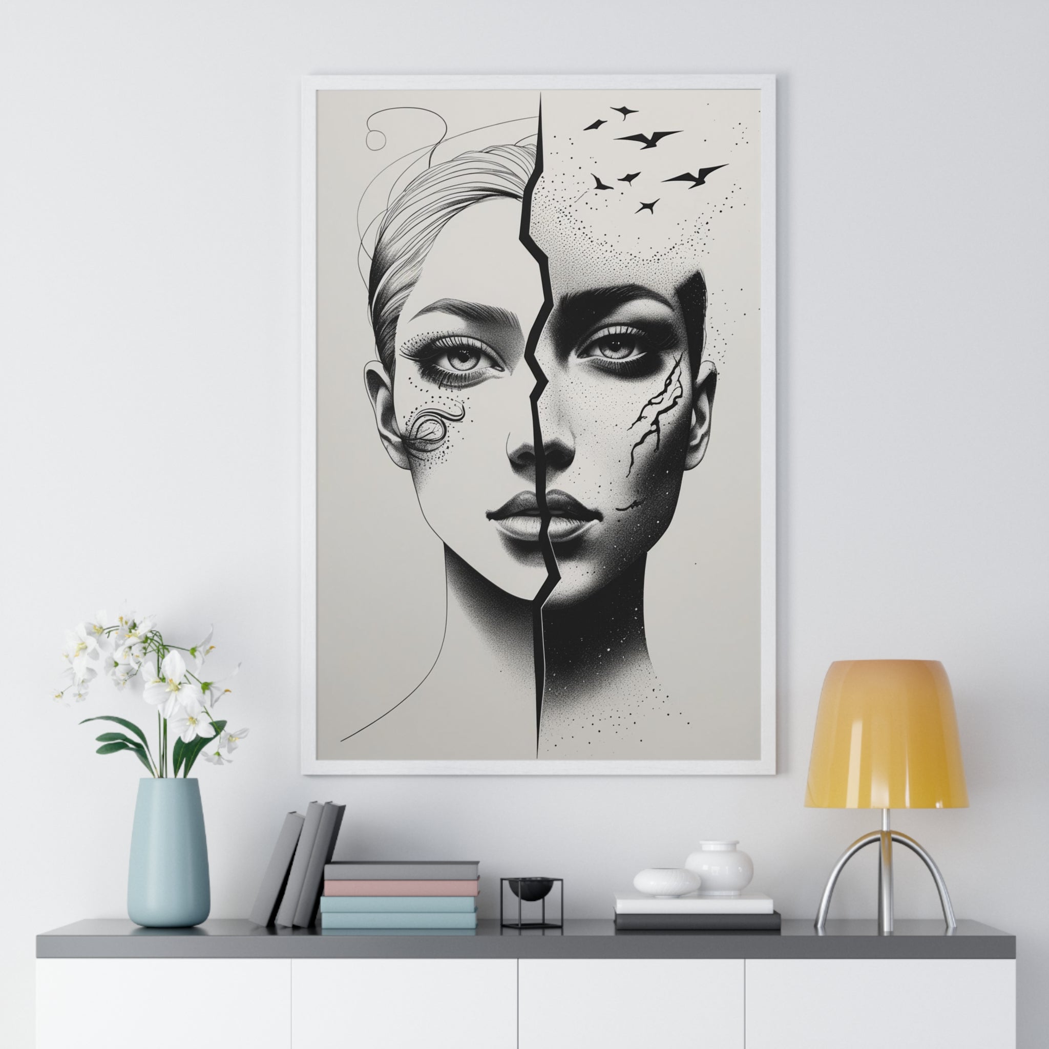 Vertical Framed Poster, Artistic Split Face Poster, Abstract Wall Art, Modern Home Decor, Unique Gift for Art Lovers, Stylish Room