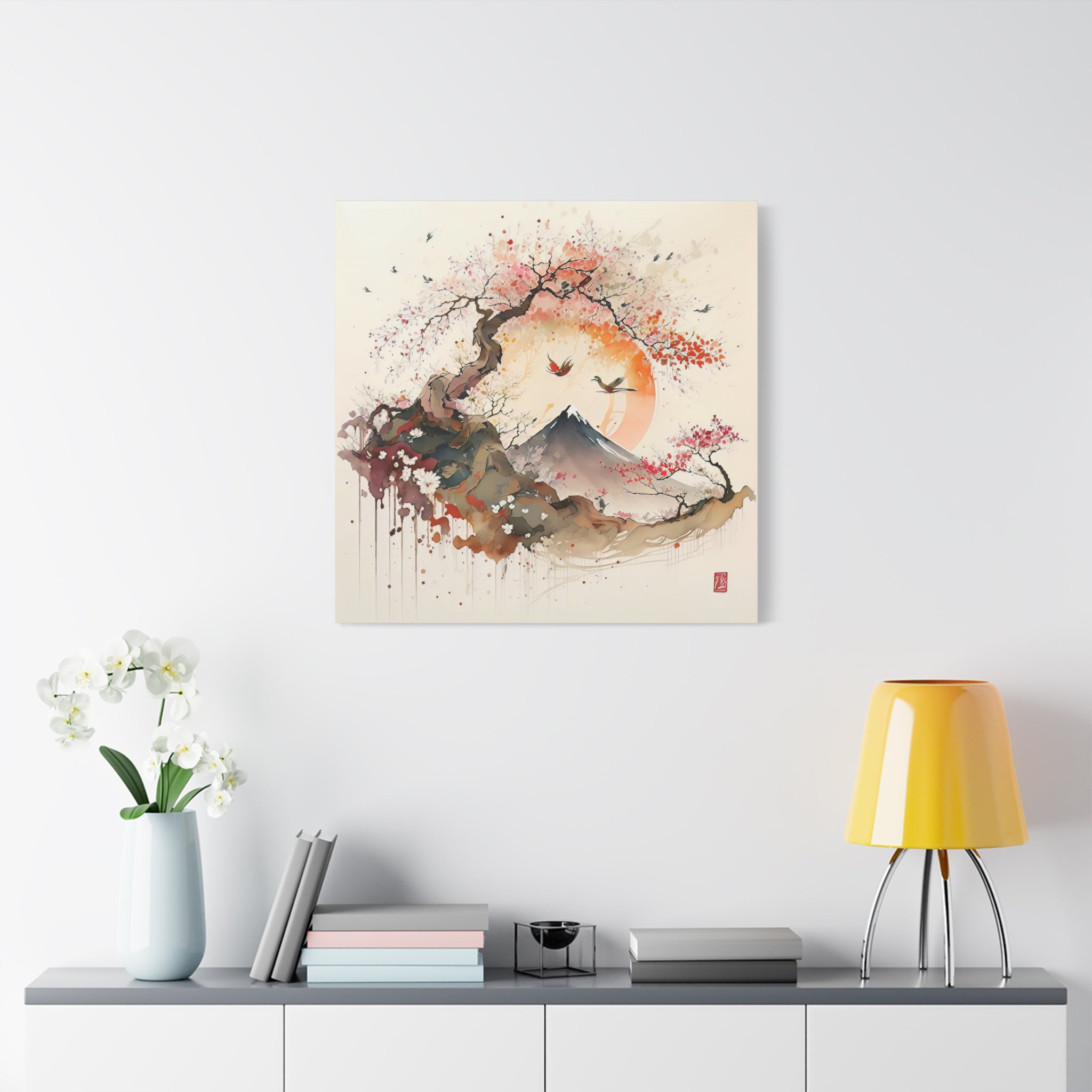 Tranquil Mount Fuji Watercolor Wall Art – Cherry Blossoms & Flying Cranes, Floral Canvas Print, Asian-Inspired Home Decor - Gallory Hive