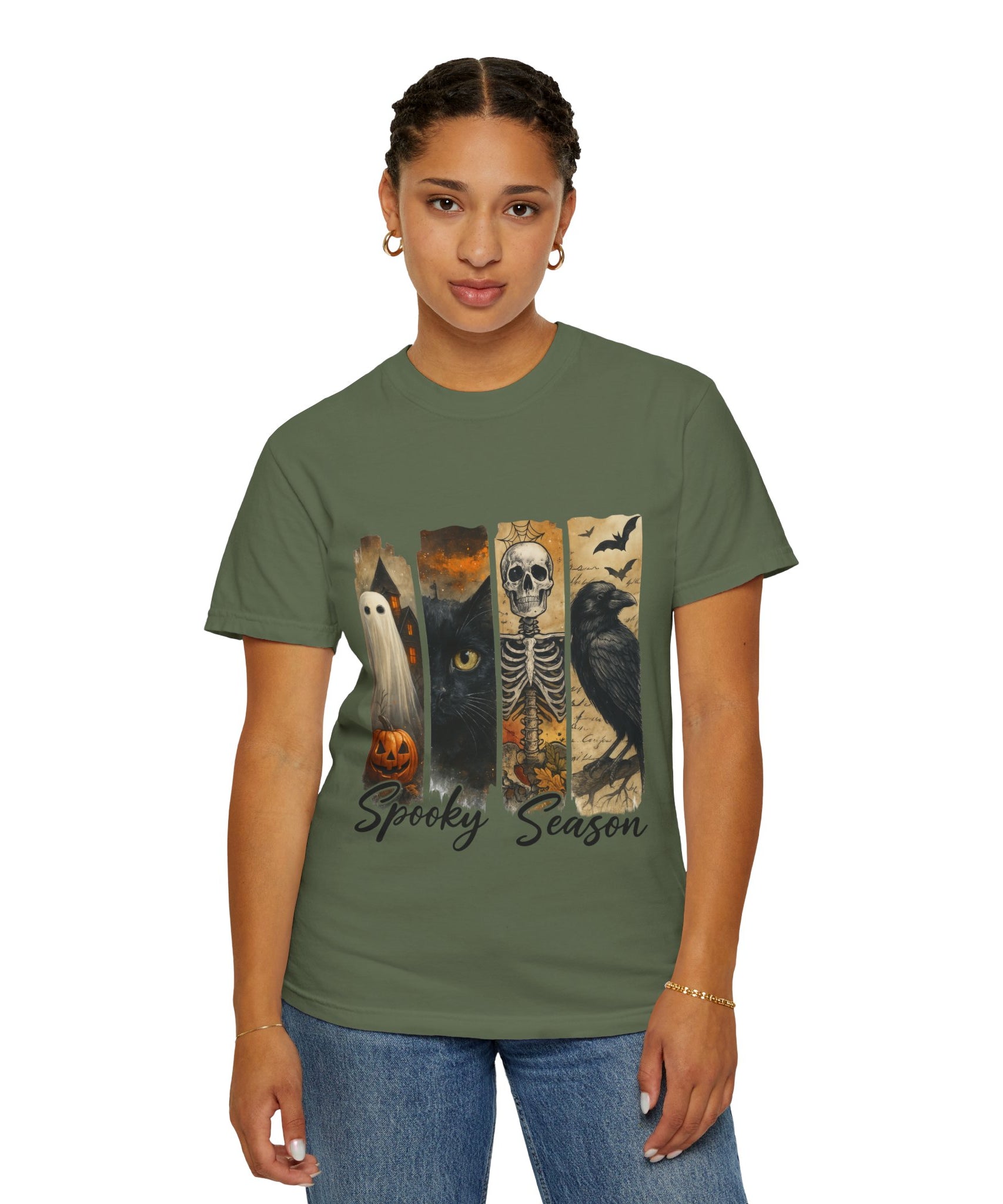 Spooky Season Gothic Halloween T-Shirt – Ghost, Black Cat, Skeleton & Raven Design - Gallory Hive