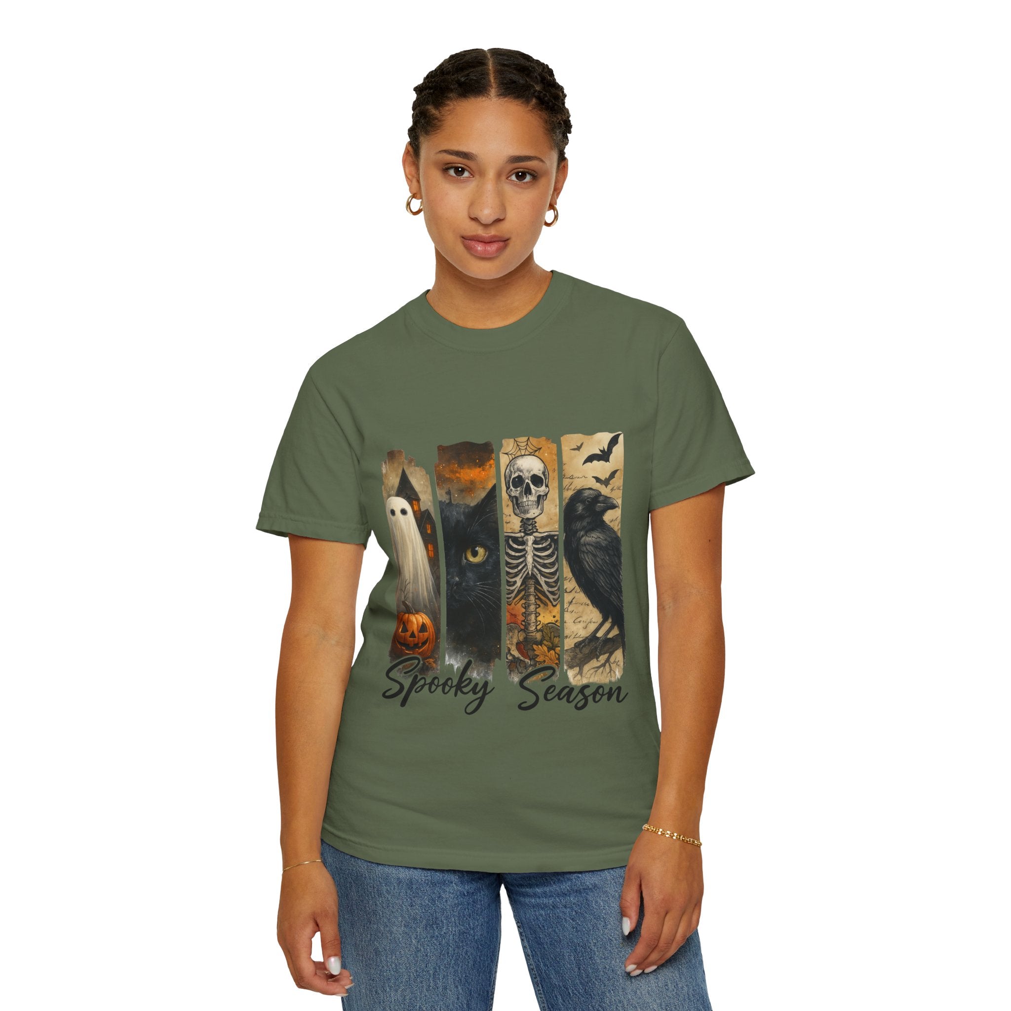 Spooky Season Gothic Halloween T-Shirt – Ghost, Black Cat, Skeleton & Raven Design