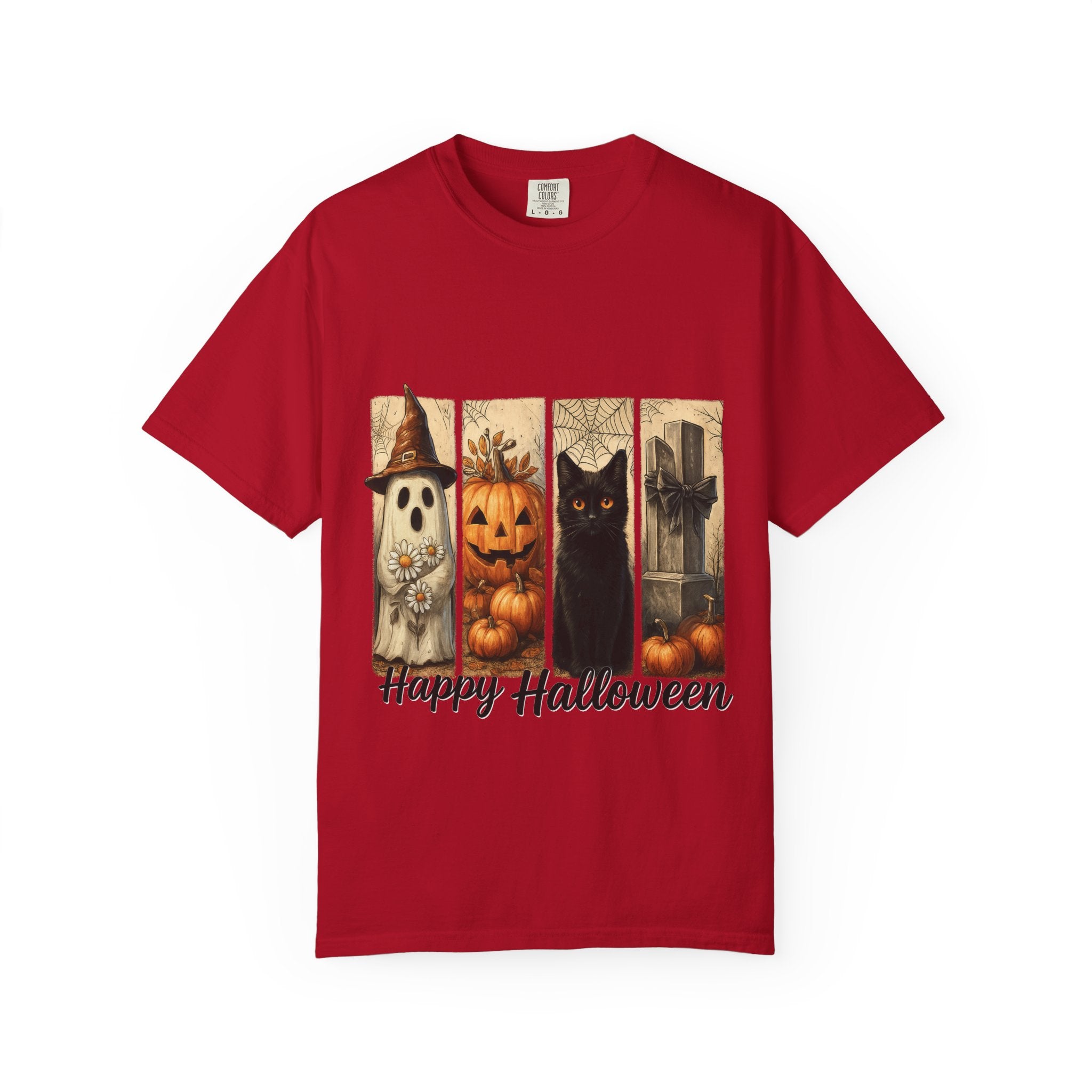 Happy Halloween Unisex T-Shirt – Ghost, Black Cat & Pumpkin Graphic Tee