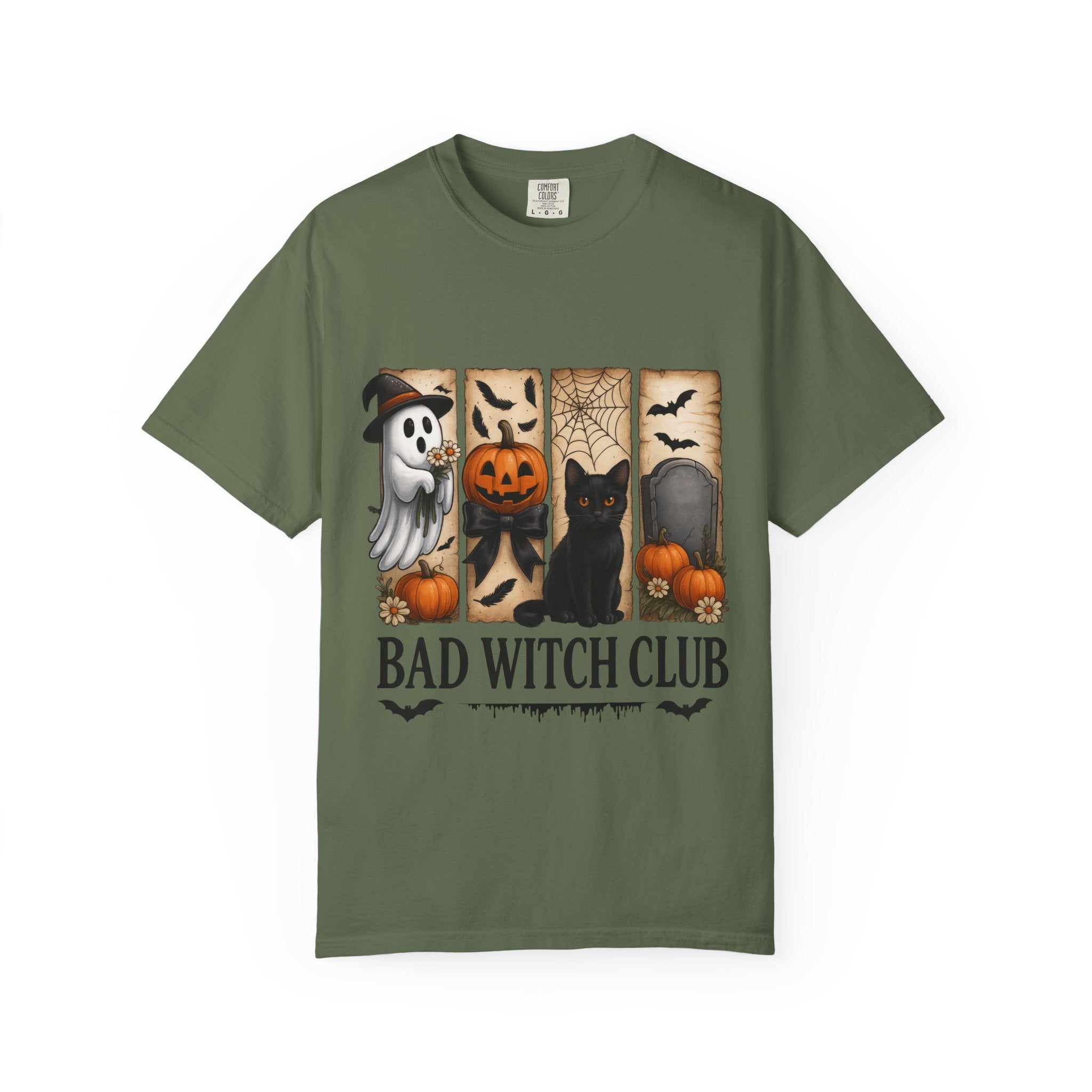 Bad Witch Club Halloween T-Shirt – Cute Ghost, Black Cat, Pumpkin & Spooky Gothic Design
