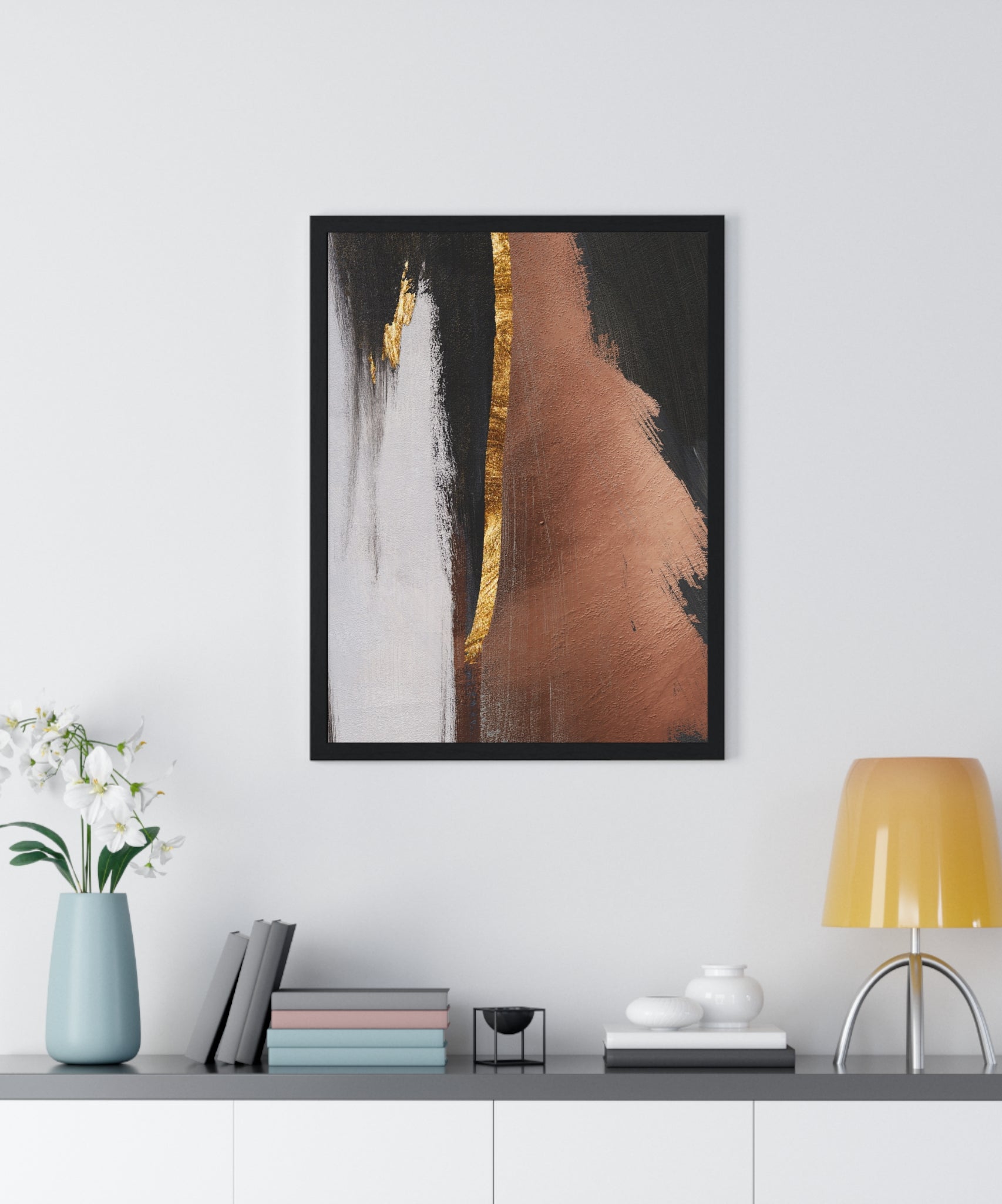Modern Abstract Wall Art – Bold Black, Copper & Gold Textured Poster on Wooden Frame – Luxury Canvas Print for Home or Office
