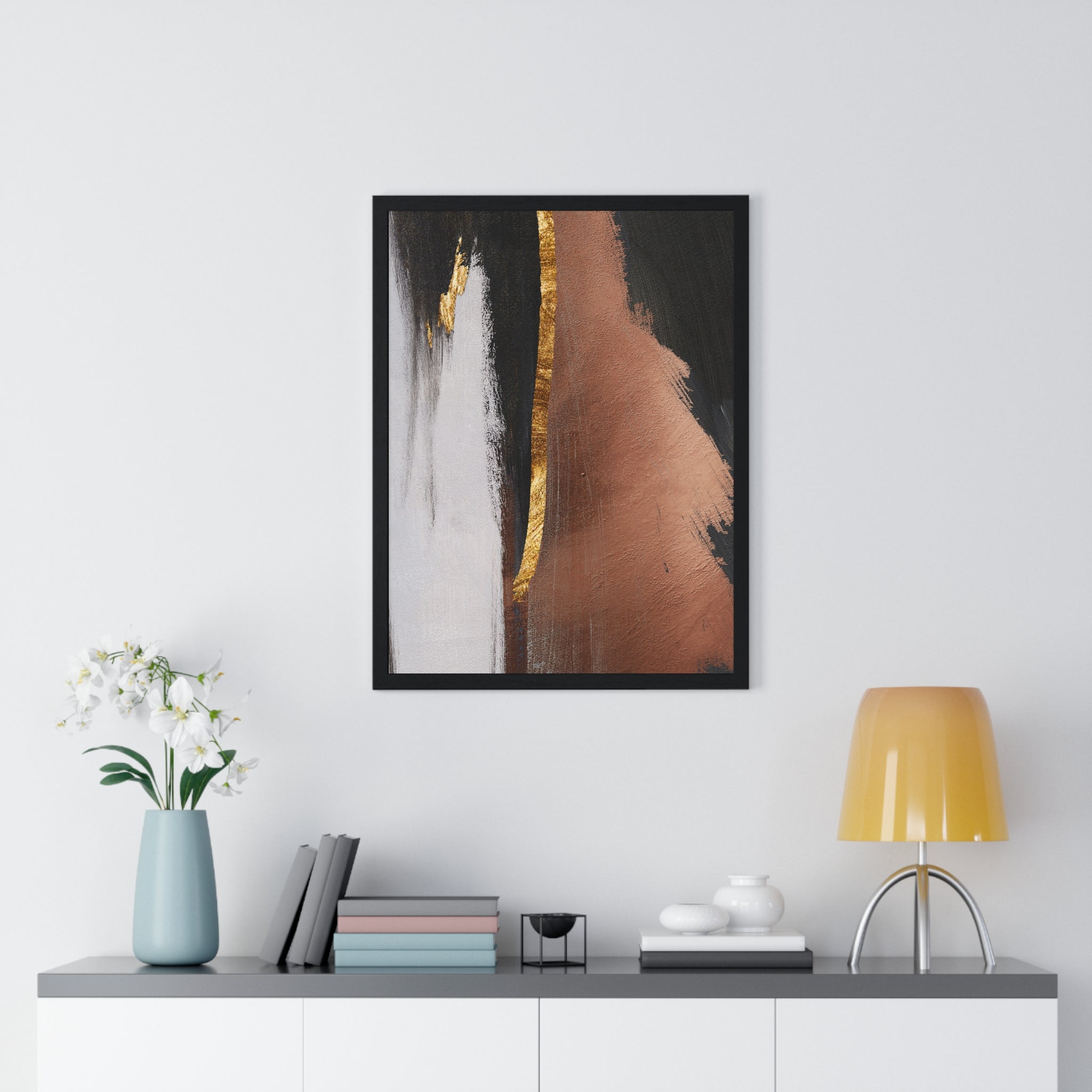 Modern Abstract Wall Art – Bold Black, Copper & Gold Textured Poster on Wooden Frame – Luxury Canvas Print for Home or Office