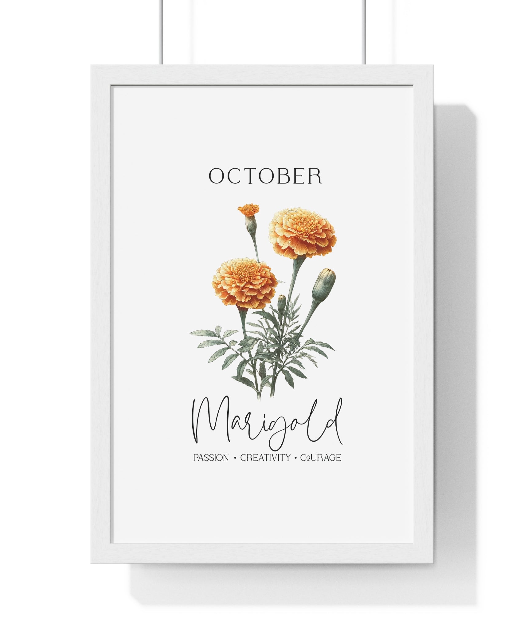 October Birth Month Flower Wall Art – Marigold Illustration in Wooden Frame | Passion, Creativity & Courage
