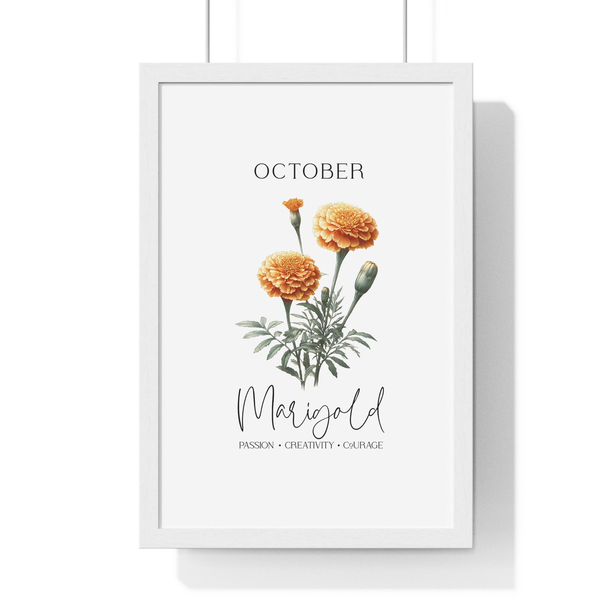 October Birth Month Flower Wall Art – Marigold Illustration in Wooden Frame | Passion, Creativity & Courage