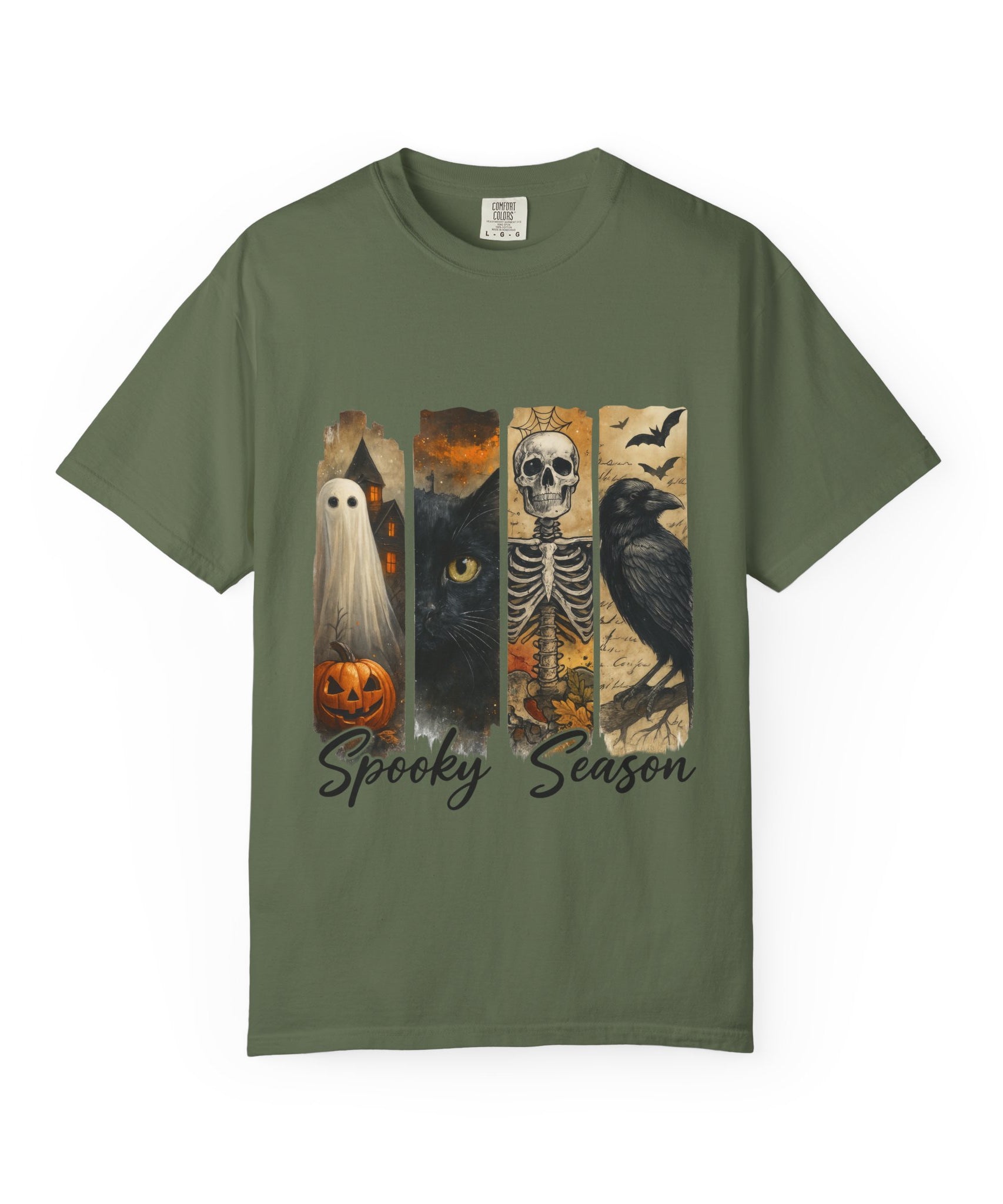 Spooky Season Gothic Halloween T-Shirt – Ghost, Black Cat, Skeleton & Raven Design - Gallory Hive