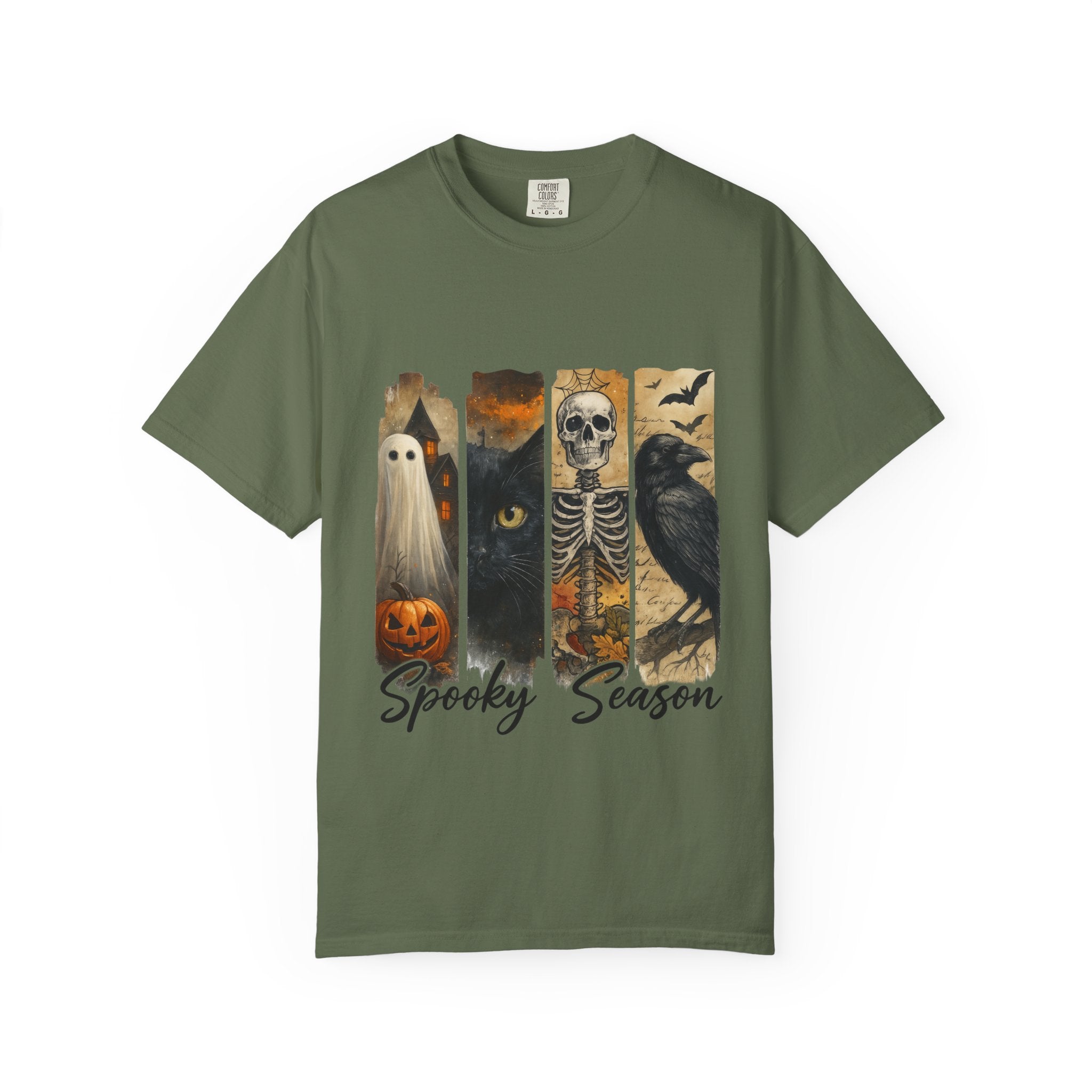 Spooky Season Gothic Halloween T-Shirt – Ghost, Black Cat, Skeleton & Raven Design