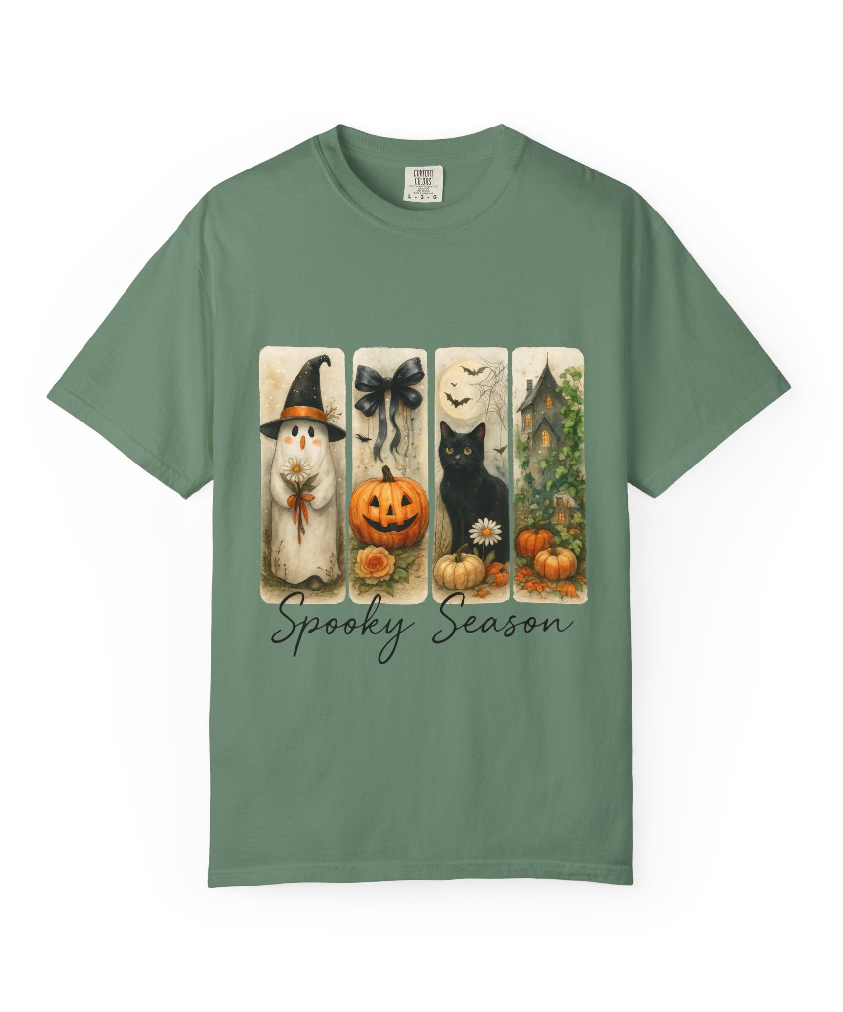 Vintage Halloween Unisex T-Shirt – Cute Ghost, Black Cat, Pumpkin & Haunted House Art - Gallory Hive