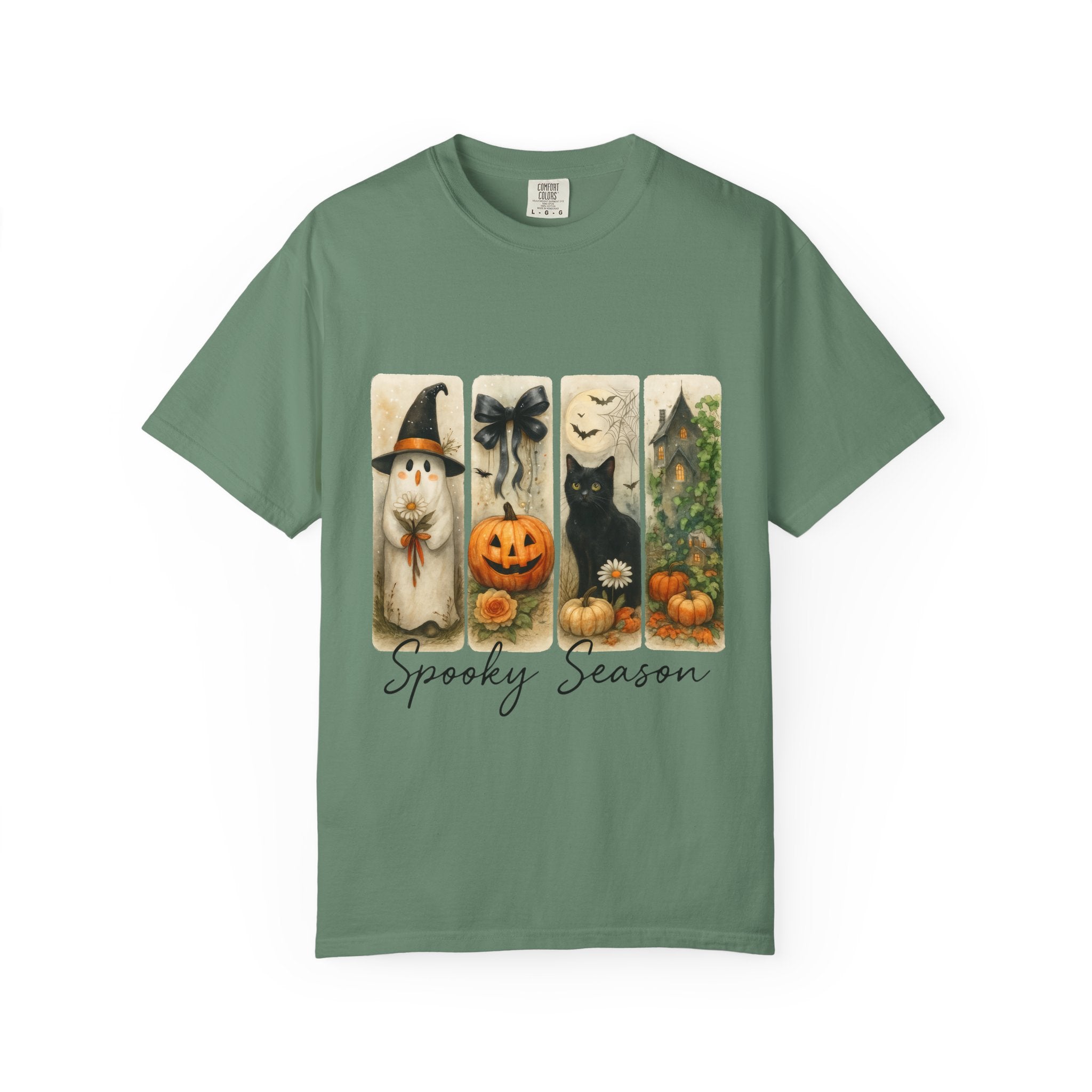 Vintage Halloween Unisex T-Shirt – Cute Ghost, Black Cat, Pumpkin & Haunted House Art