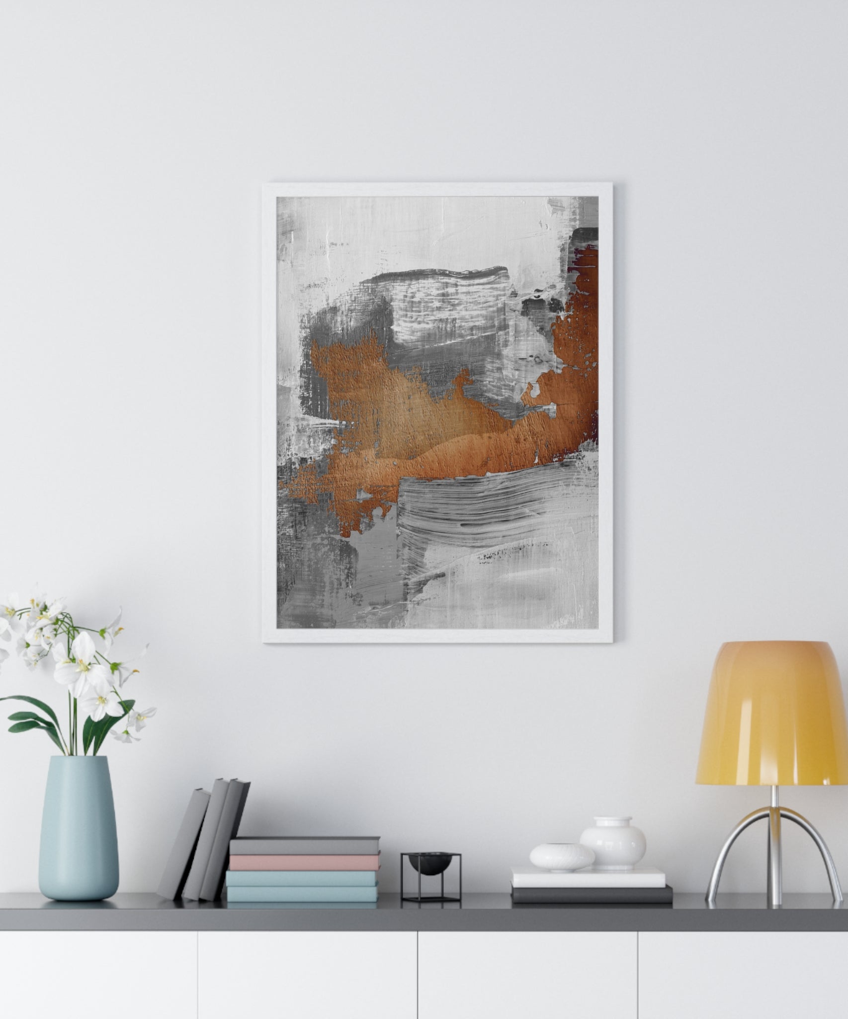 Textured Abstract Wall Art – Grey, Copper & White Modern Brushstroke Poster on Wooden Frame