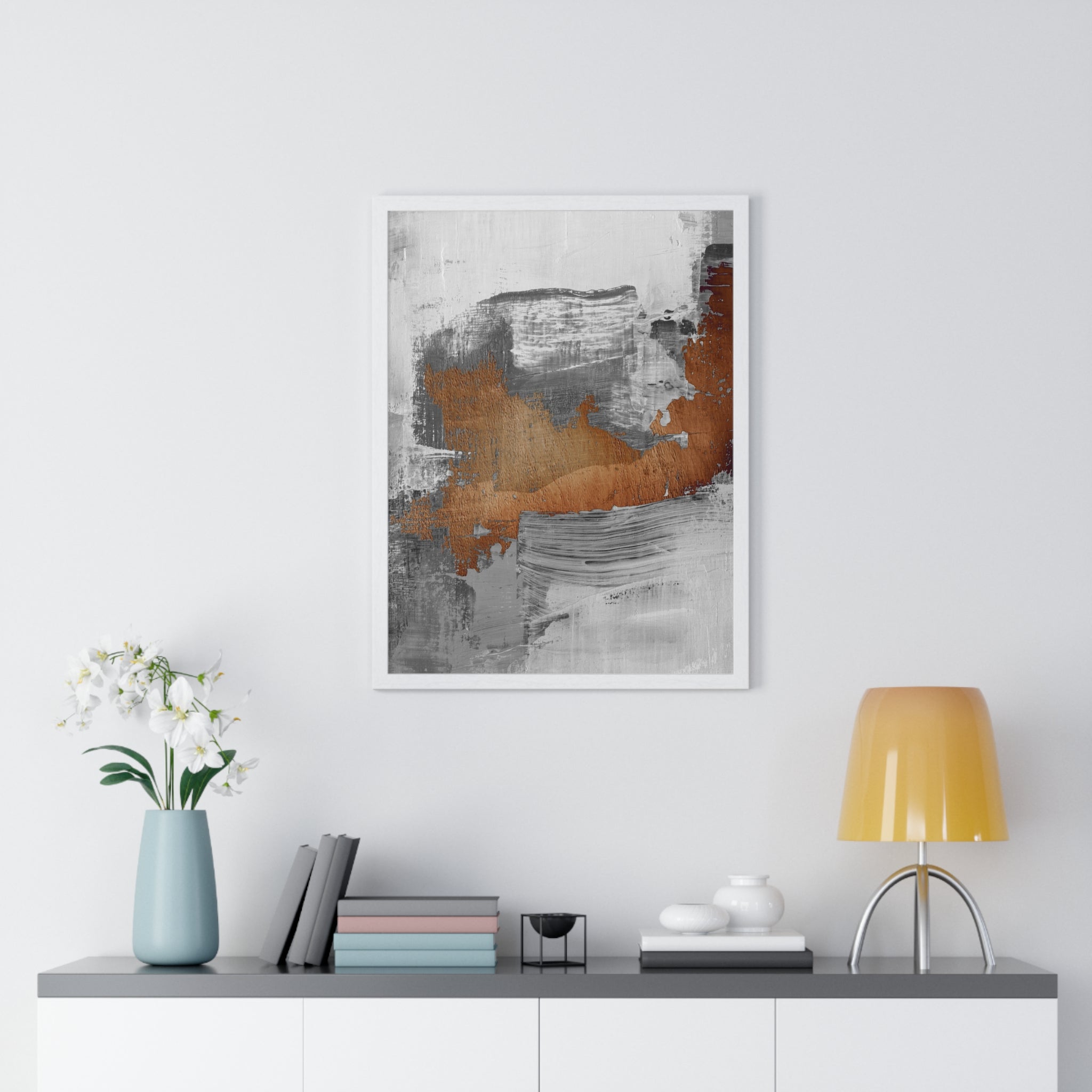 Textured Abstract Wall Art – Grey, Copper & White Modern Brushstroke Poster on Wooden Frame