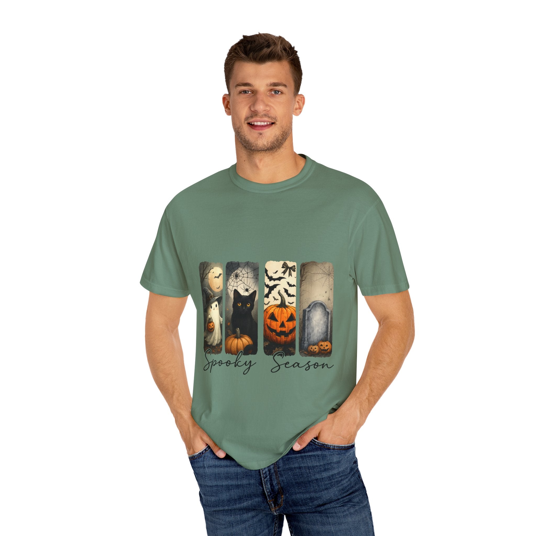 Halloween Night Unisex T-Shirt – Ghost, Black Cat, Pumpkin & Tombstone Vintage Art - Gallory Hive