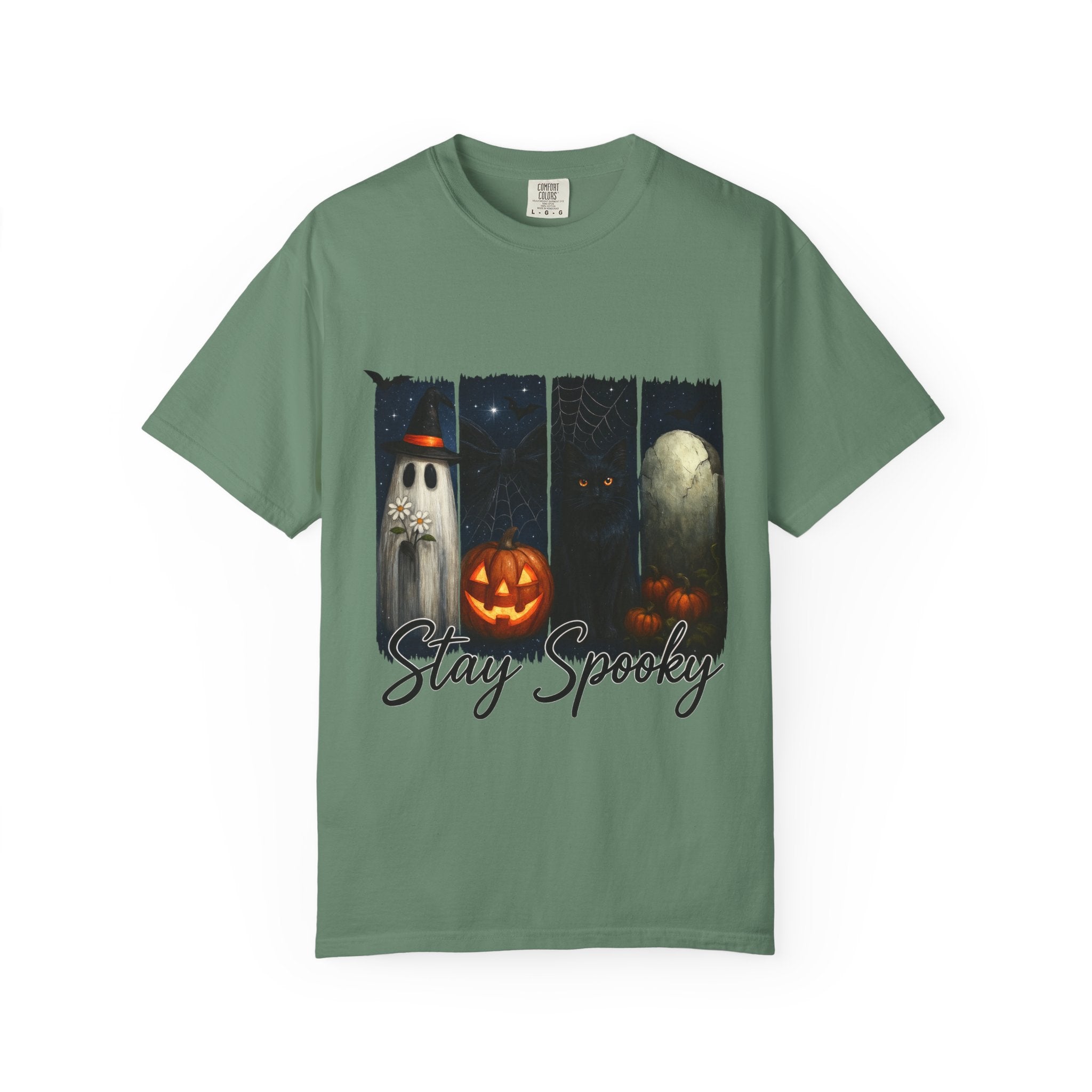 Stay Spooky Halloween T-Shirt – Cute Ghost, Black Cat, Pumpkin & Graveyard Design