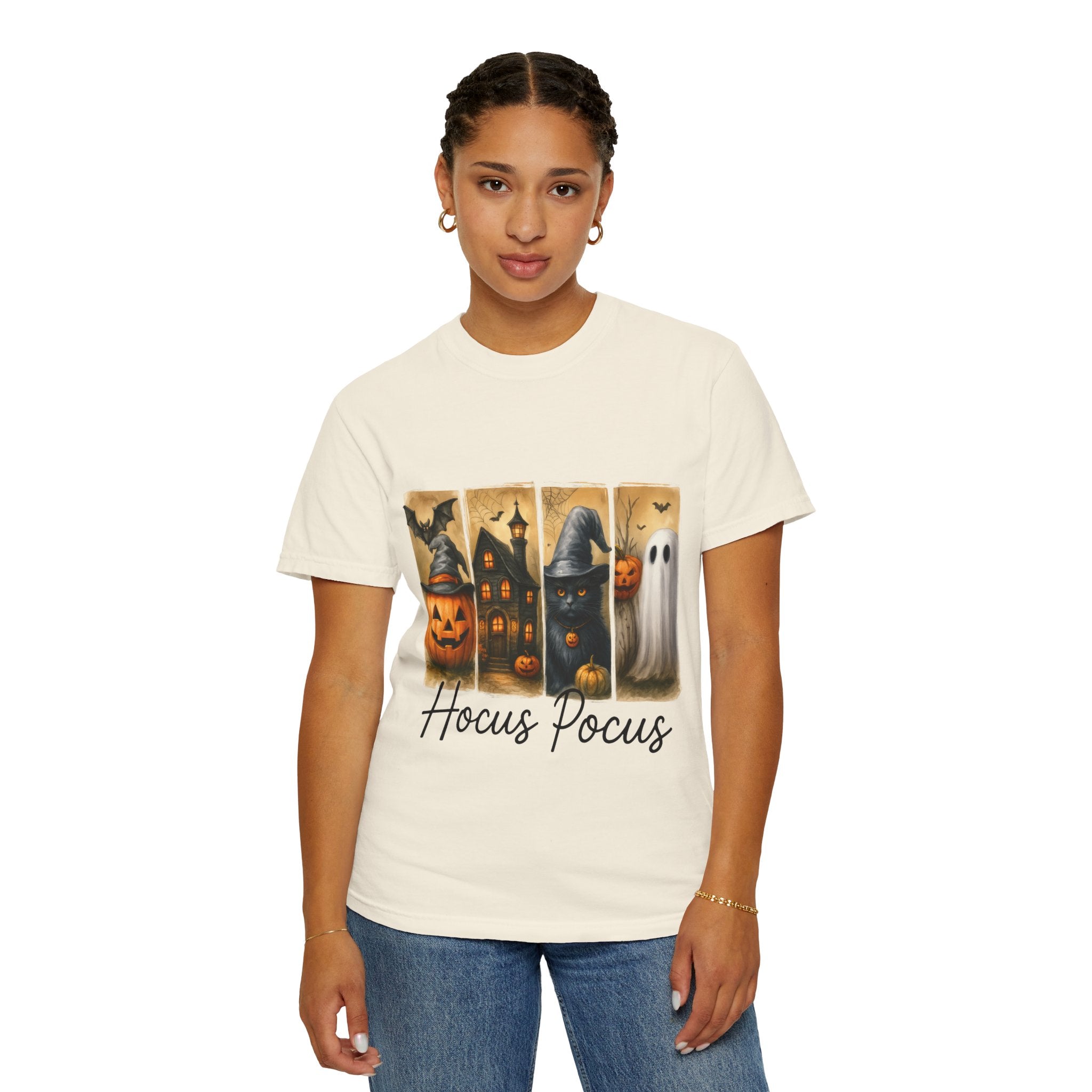 Hocus Pocus Halloween Unisex T-Shirt – Witchy Cat, Haunted House, Pumpkin & Ghost Art