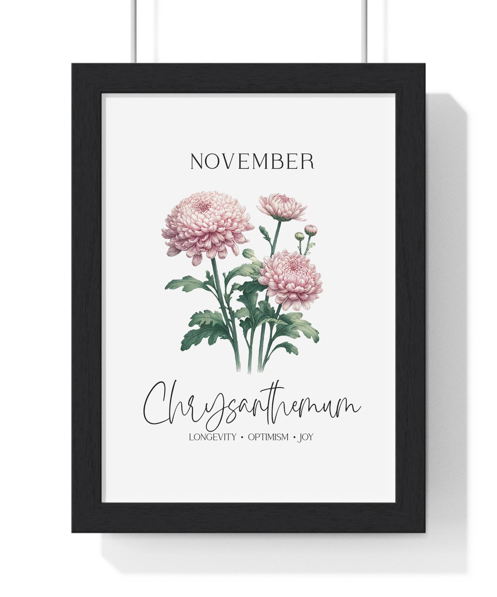 November Birth Month Flower Wall Art – Chrysanthemum Illustration in Wooden Frame | Longevity, Optimism & Joy
