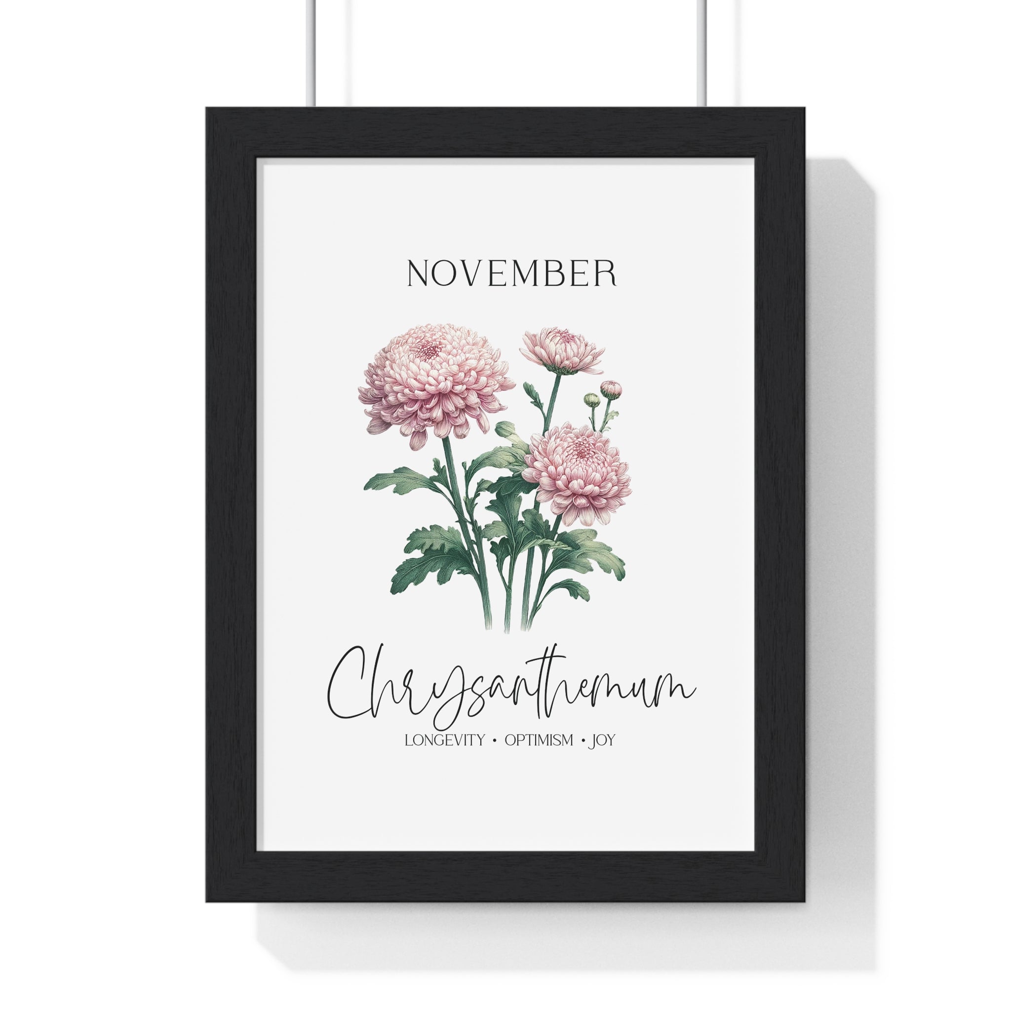 November Birth Month Flower Wall Art – Chrysanthemum Illustration in Wooden Frame | Longevity, Optimism & Joy