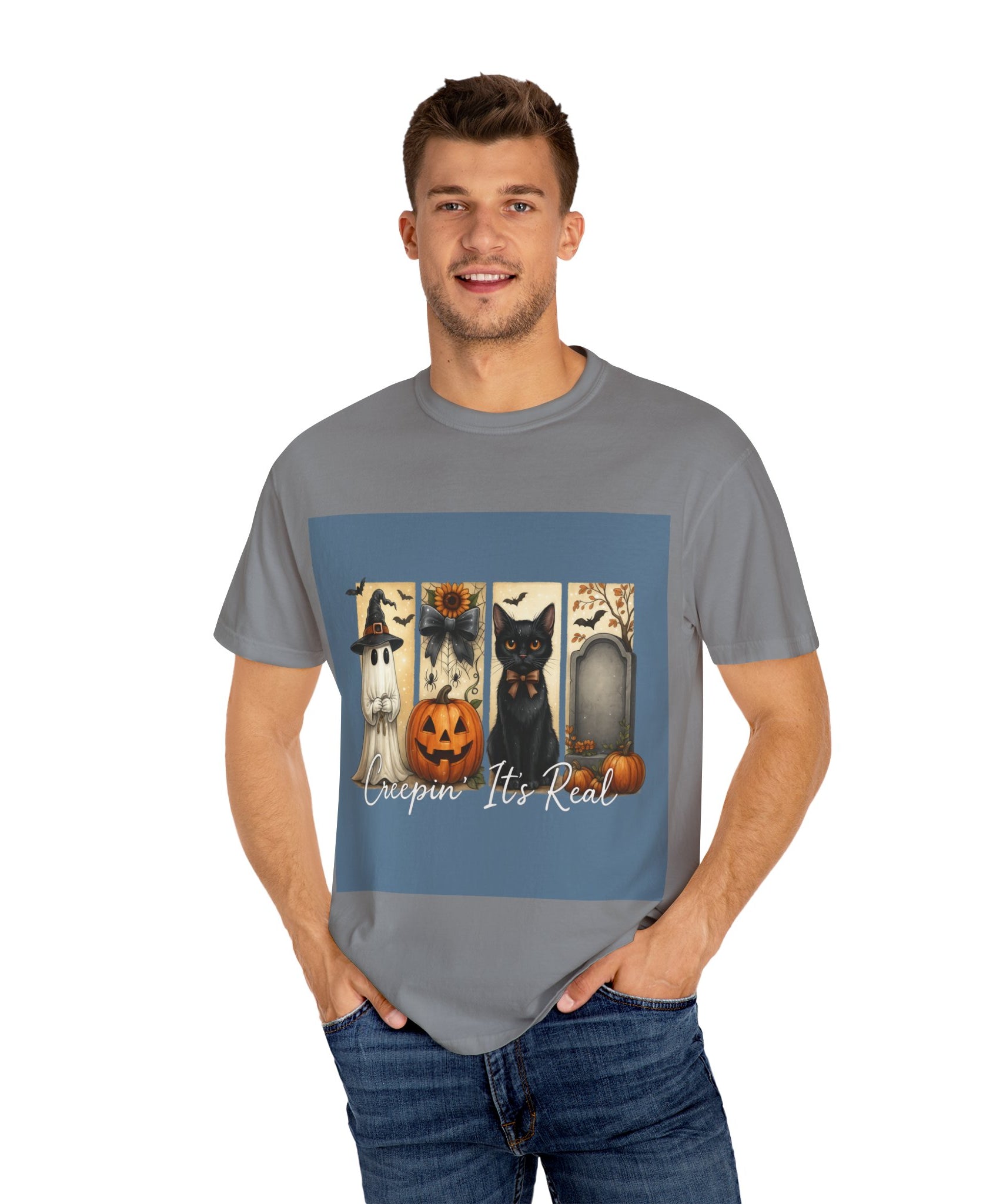 Creepin’ It’s Real Halloween T-Shirt – Cute Ghost, Pumpkin, Black Cat & Tombstone Design - Gallory Hive