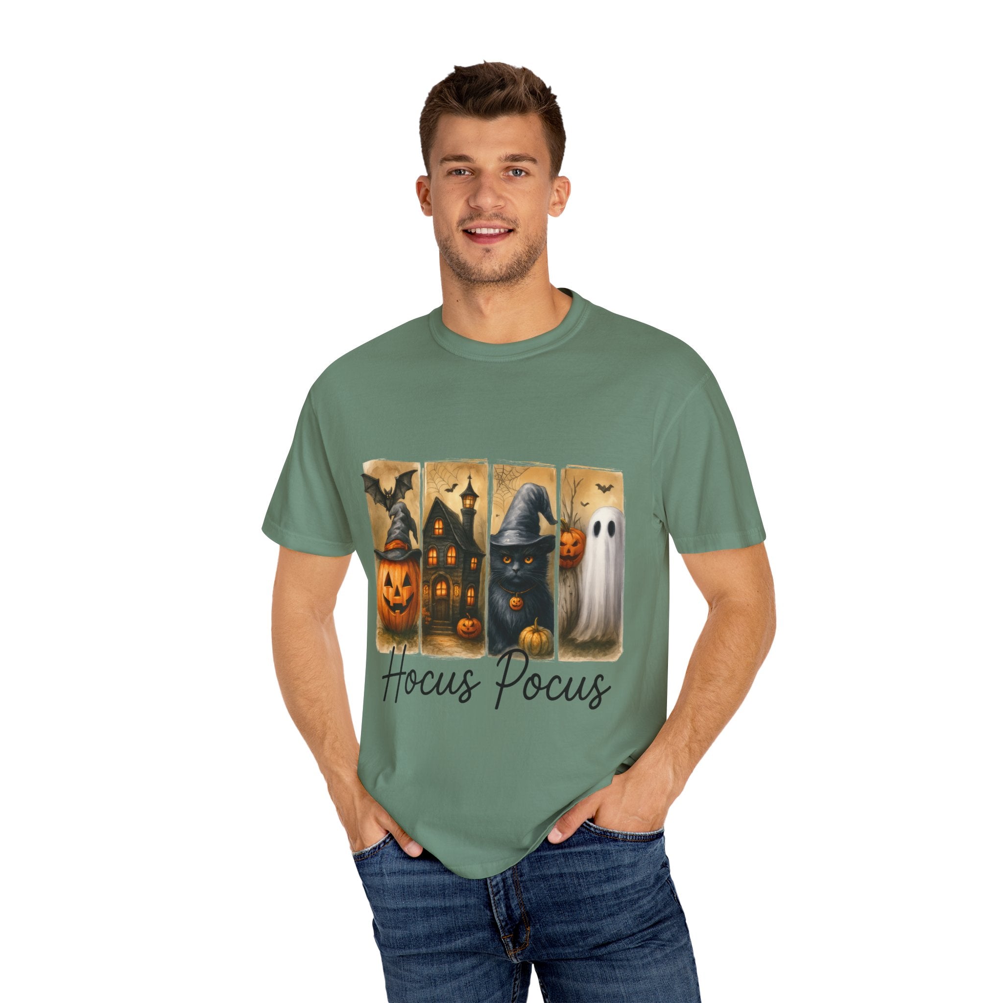 Hocus Pocus Halloween Unisex T-Shirt – Witchy Cat, Haunted House, Pumpkin & Ghost Art