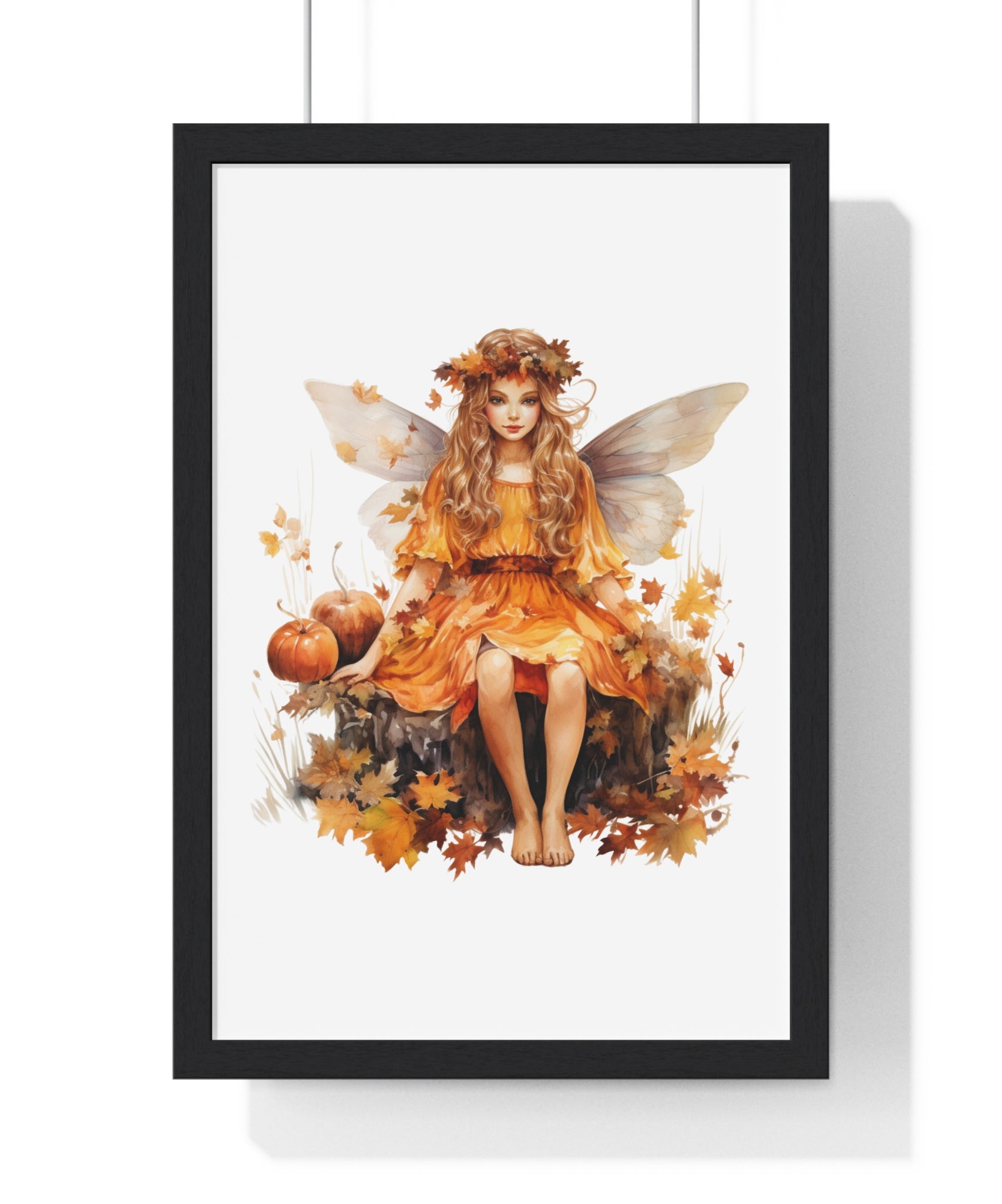 Fall Fairy Wall Art – Orange Dress Woodland Fairy with Pumpkins | Wooden Frame Poster for Autumn Home Decor