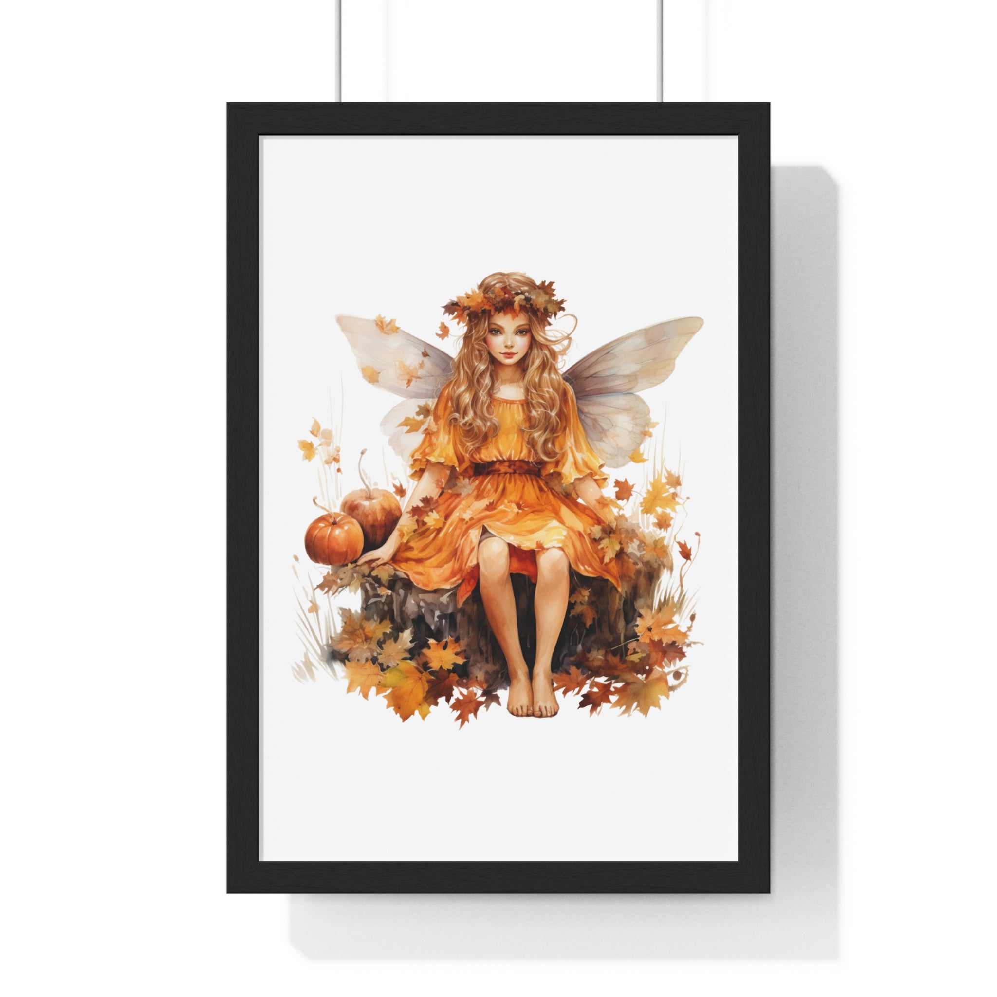 Fall Fairy Wall Art – Orange Dress Woodland Fairy with Pumpkins | Wooden Frame Poster for Autumn Home Decor