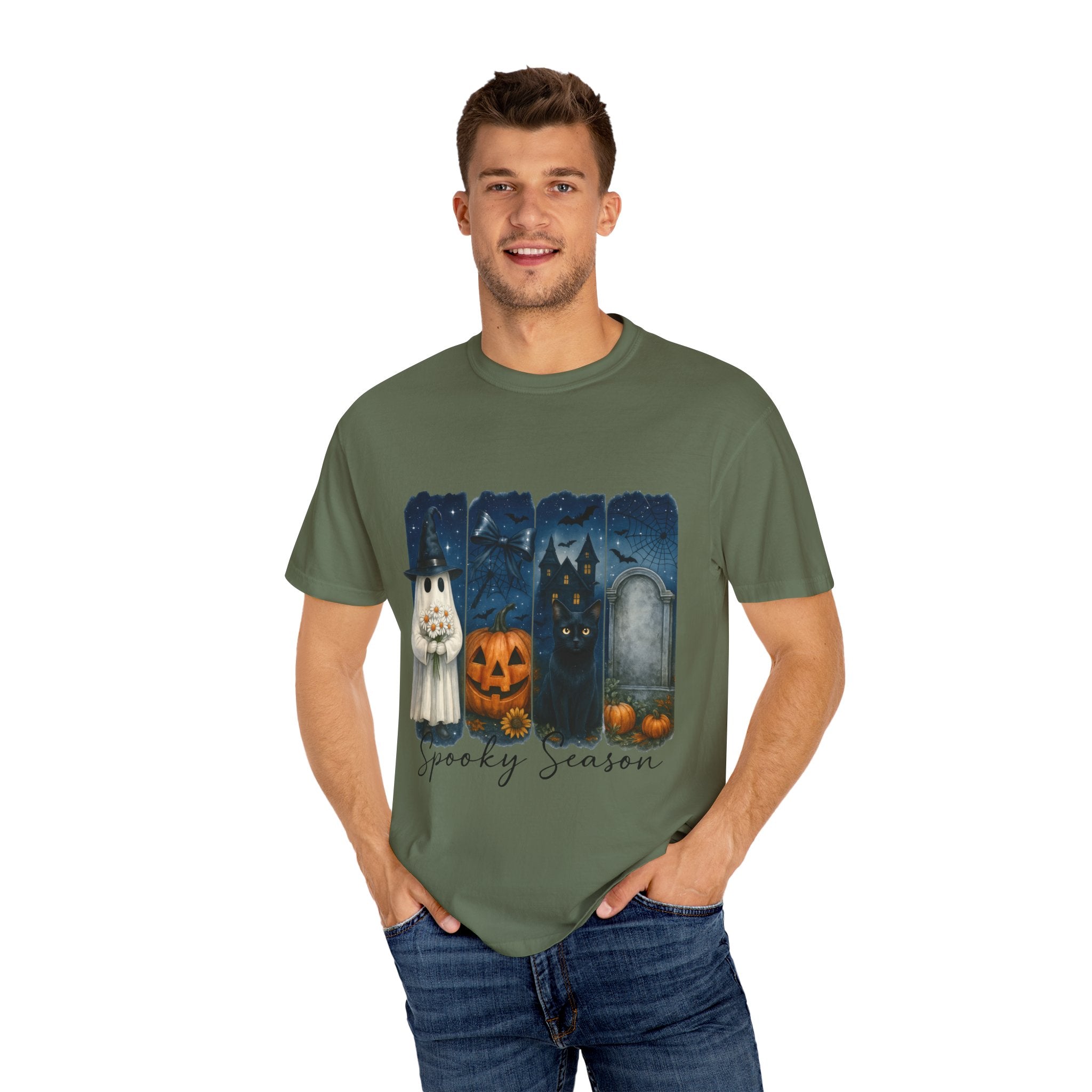 Spooky Season Halloween T-Shirt – Ghost, Black Cat, Pumpkin & Haunted House Design