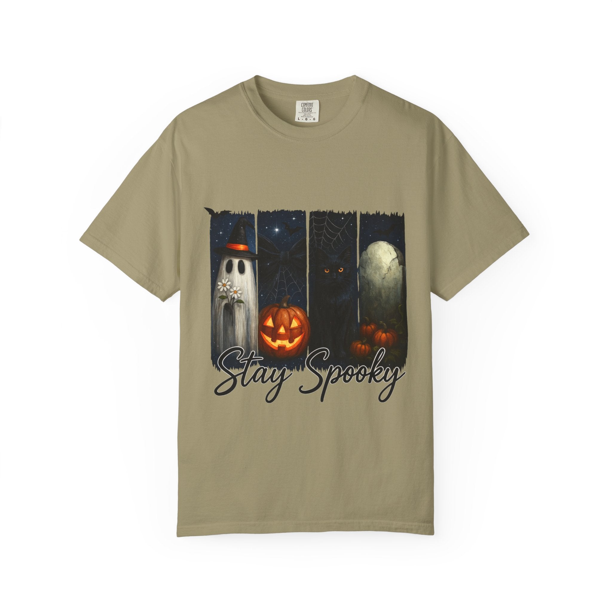Stay Spooky Halloween T-Shirt – Cute Ghost, Black Cat, Pumpkin & Graveyard Design