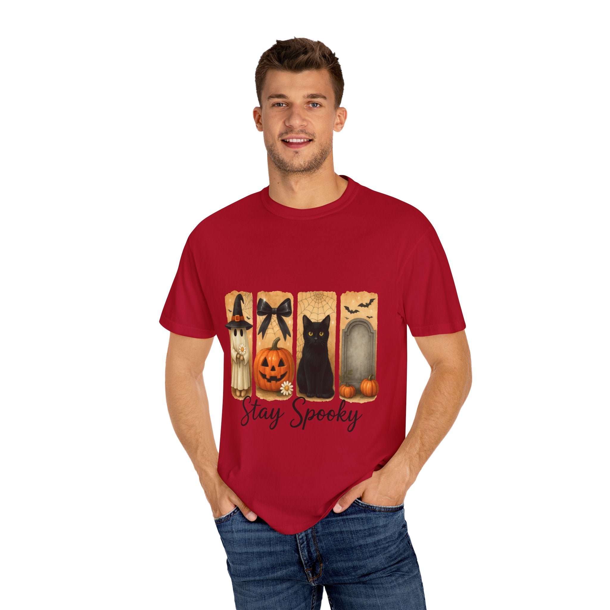 Cute Halloween T-Shirt – Ghost in Witch Hat, Pumpkin, Black Cat & Tombstone Design