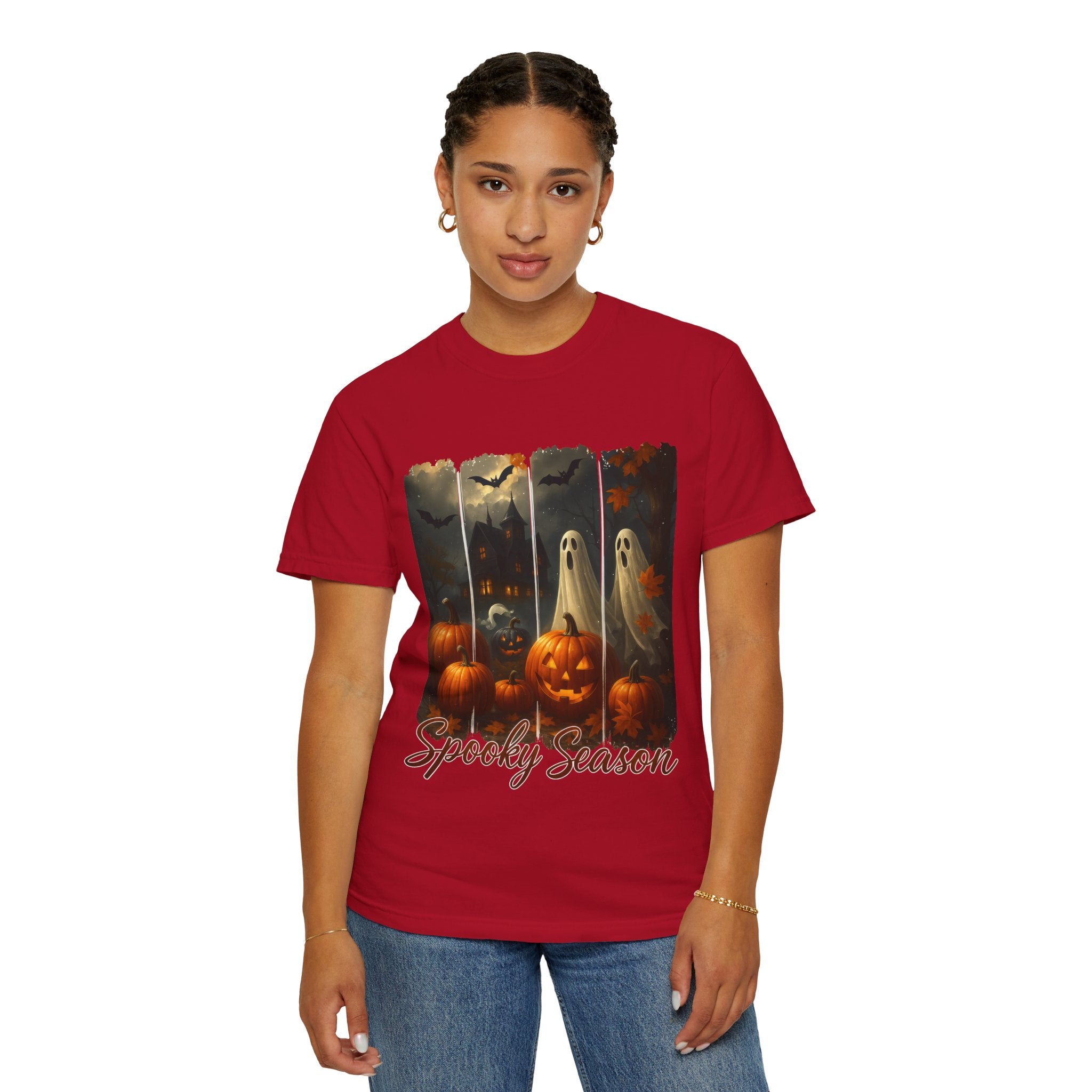 Spooky Season Unisex Halloween T-Shirt – Haunted House, Pumpkins & Ghosts Fall Design