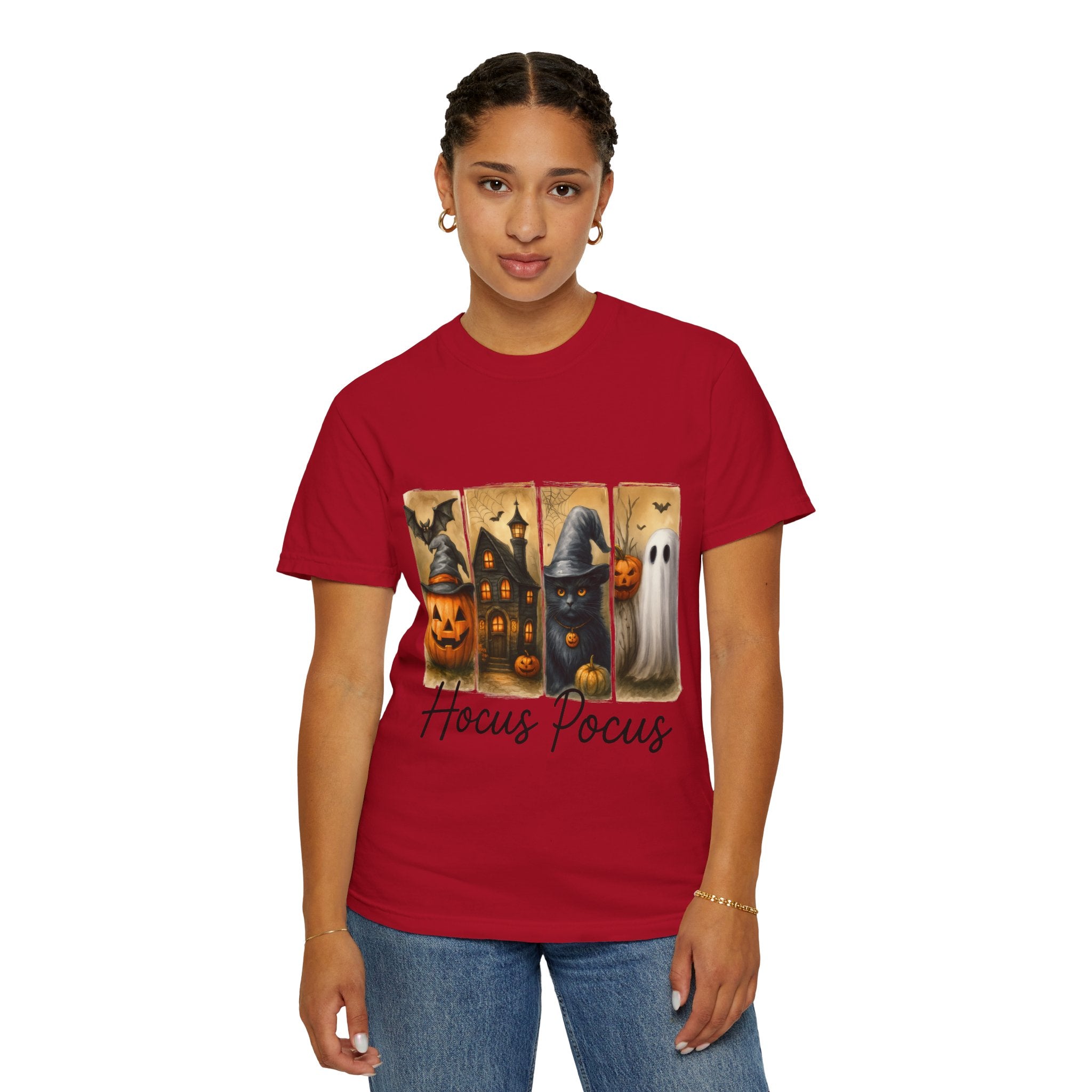 Hocus Pocus Halloween Unisex T-Shirt – Witchy Cat, Haunted House, Pumpkin & Ghost Art